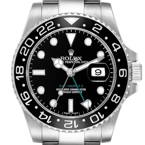 Photo of Rolex GMT Master II Black Dial Green Hand Steel Mens Watch 116710 Box Card