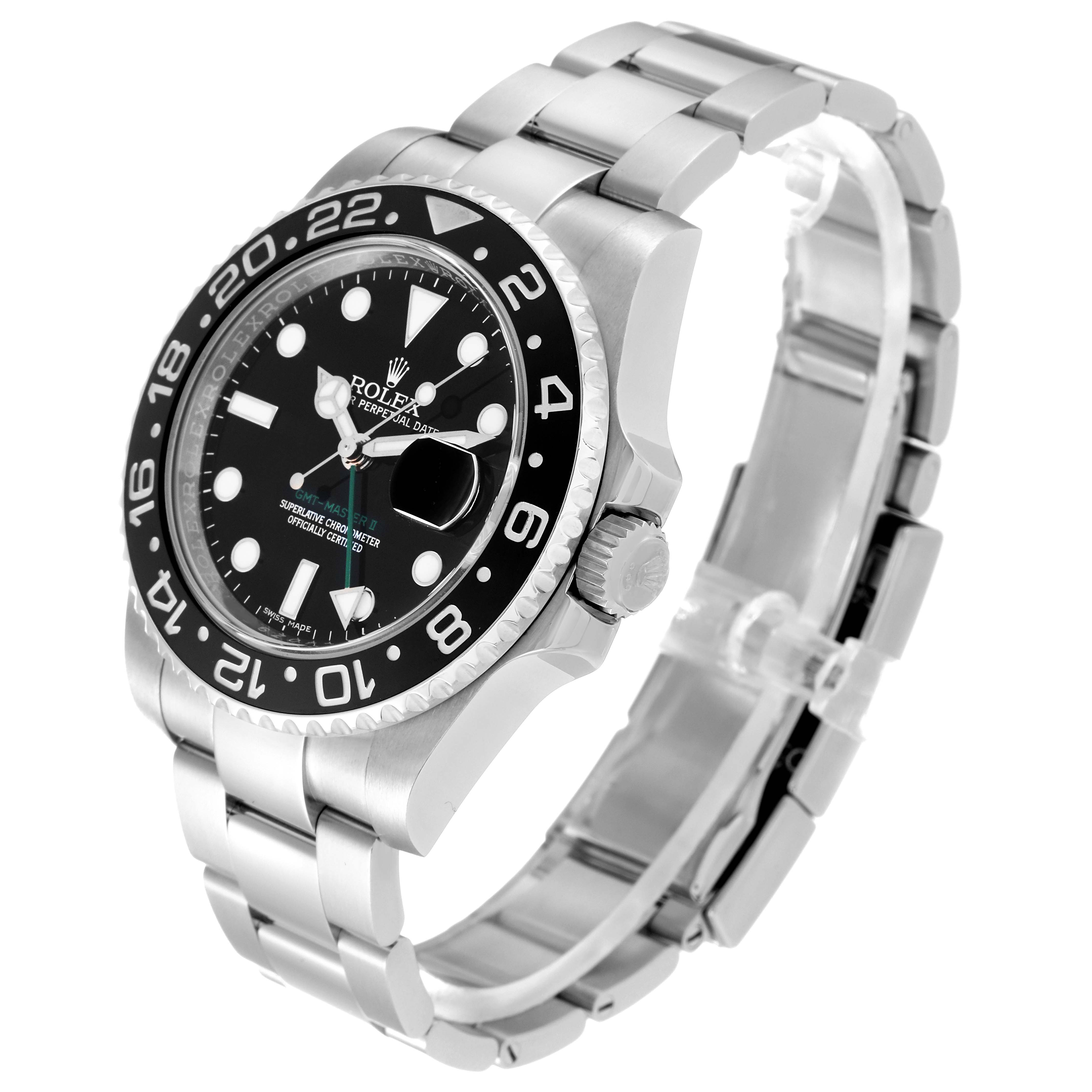 The image shows a silver Rolex GMT-Master 116710 Men
s Stainless Steel Black Dial 116710 Men
s Stainless Steel Black Dial watch at an angled side view, highlighting the bezel, dial, and bracelet.