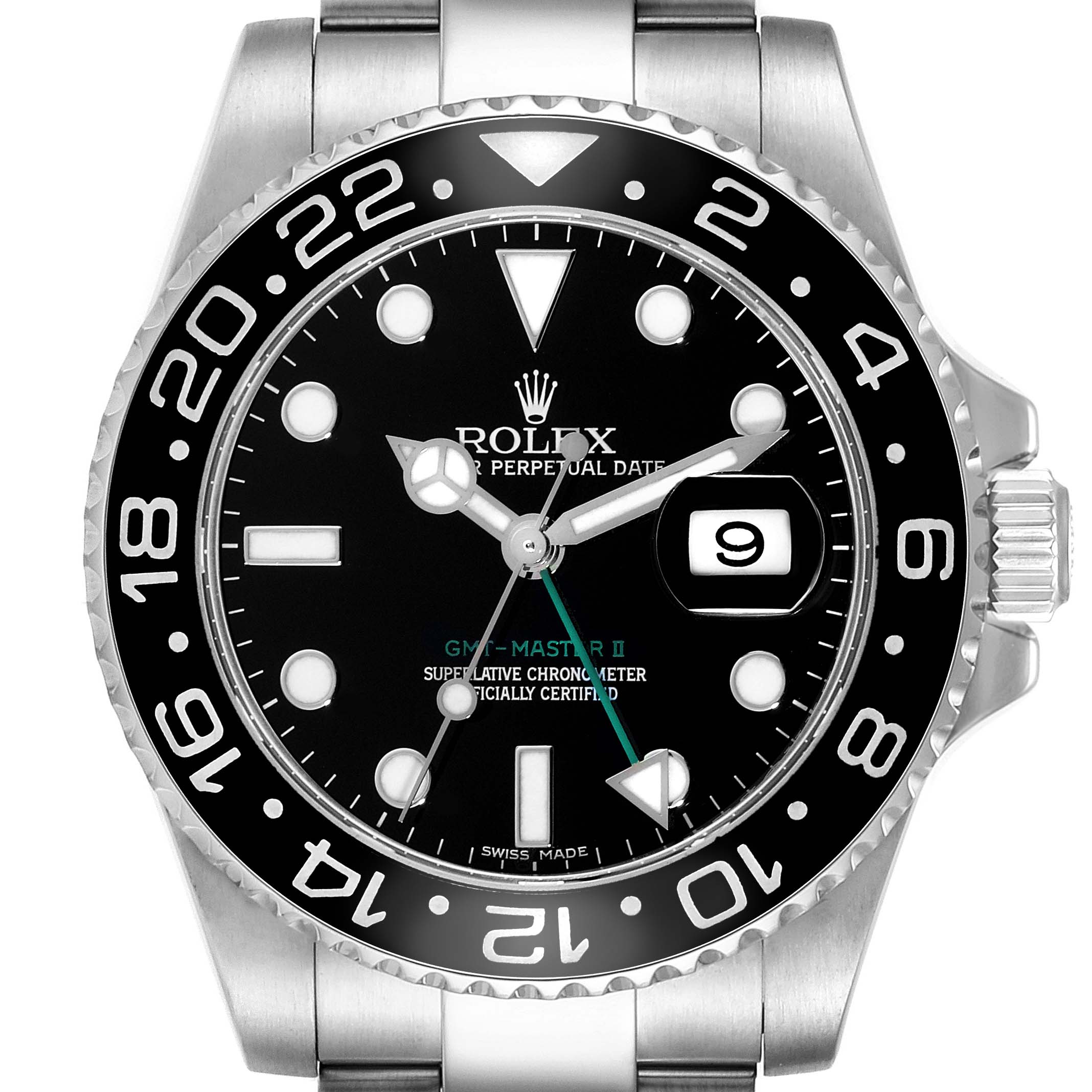 Front view of the Rolex GMT-Master 116710 Men
s Stainless Steel Black Dial 116710 Men
s Stainless Steel Black Dial II watch showing the dial, bezel, date window, and part of the bracelet.