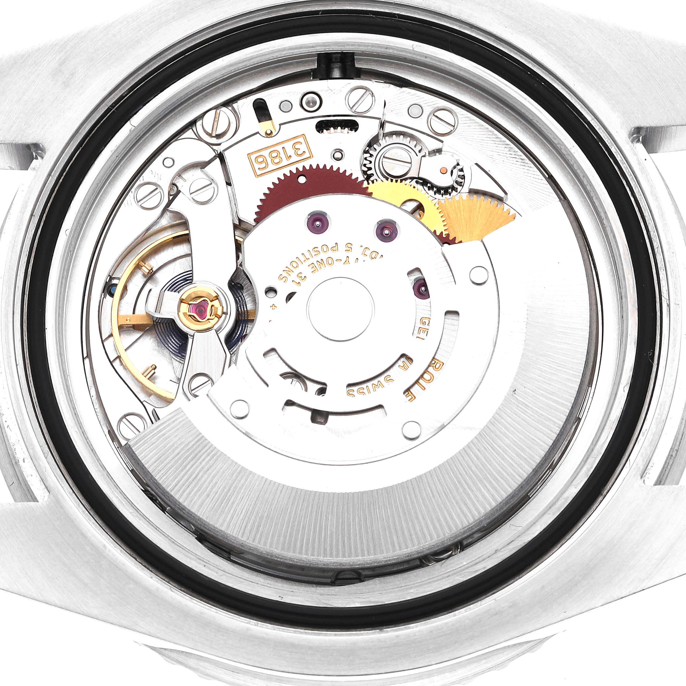 This image shows the internal movement mechanism of the Rolex GMT-Master 116710 Men
s Stainless Steel Black Dial 116710 Men
s Stainless Steel Black Dial watch from a straight-on angle.