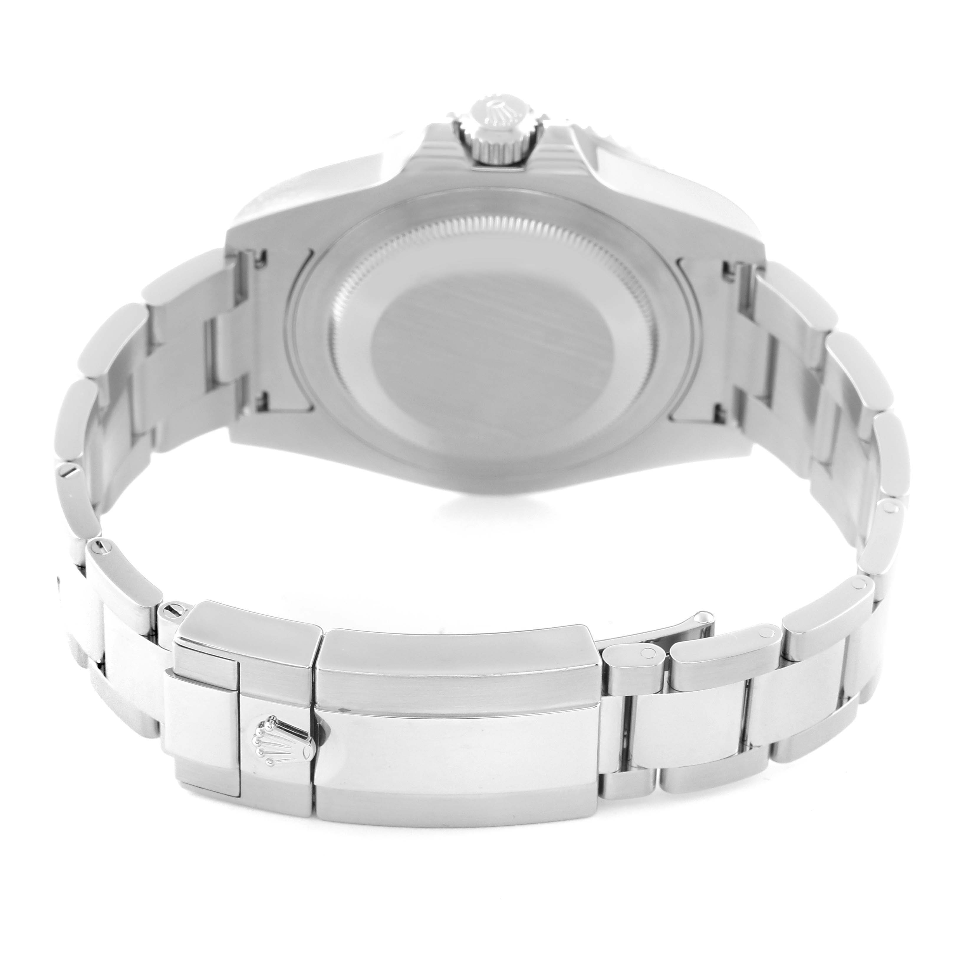 This image displays the back view of a Rolex GMT-Master 116710 Men
s Stainless Steel Black Dial 116710 Men
s Stainless Steel Black Dial watch and its metal bracelet, focusing on the clasp and case back.