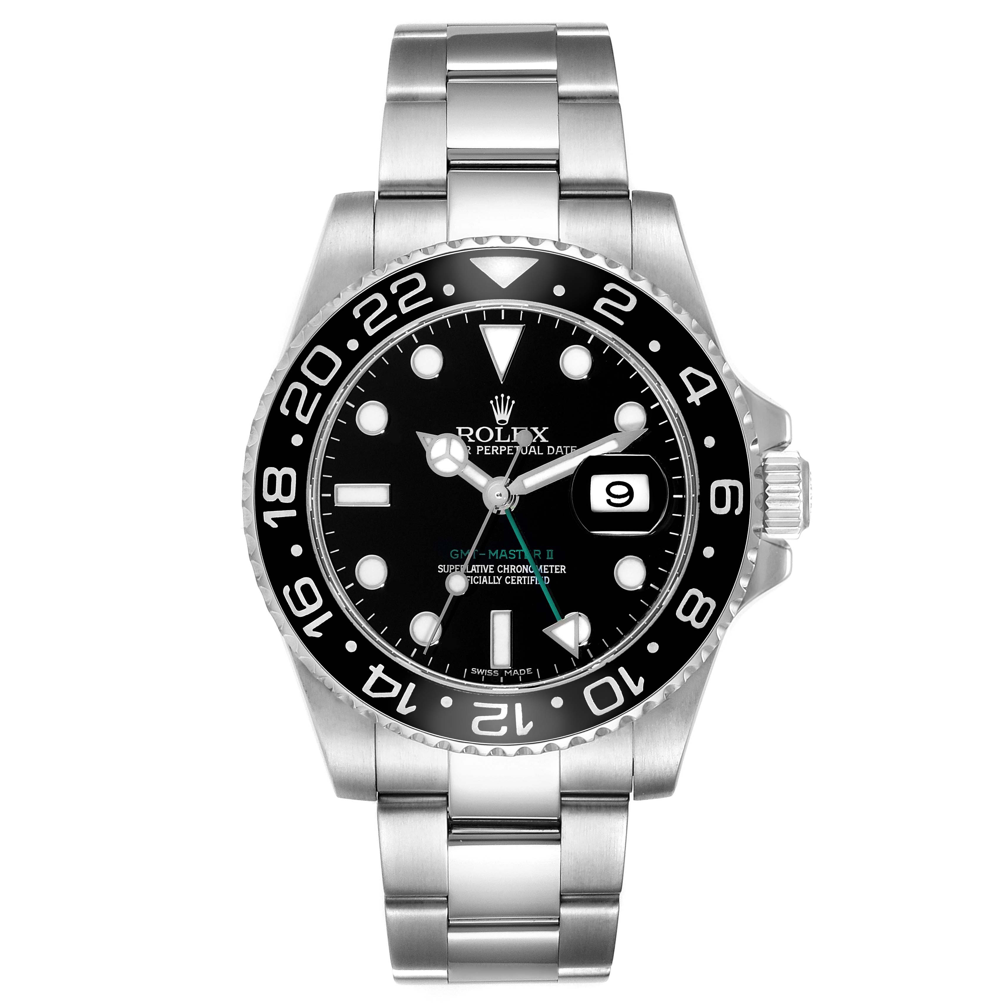 This image shows a front view of a Rolex GMT-Master 116710 Men
s Stainless Steel Black Dial 116710 Men
s Stainless Steel Black Dial watch, showcasing its bezel, dial, bracelet, and date function.