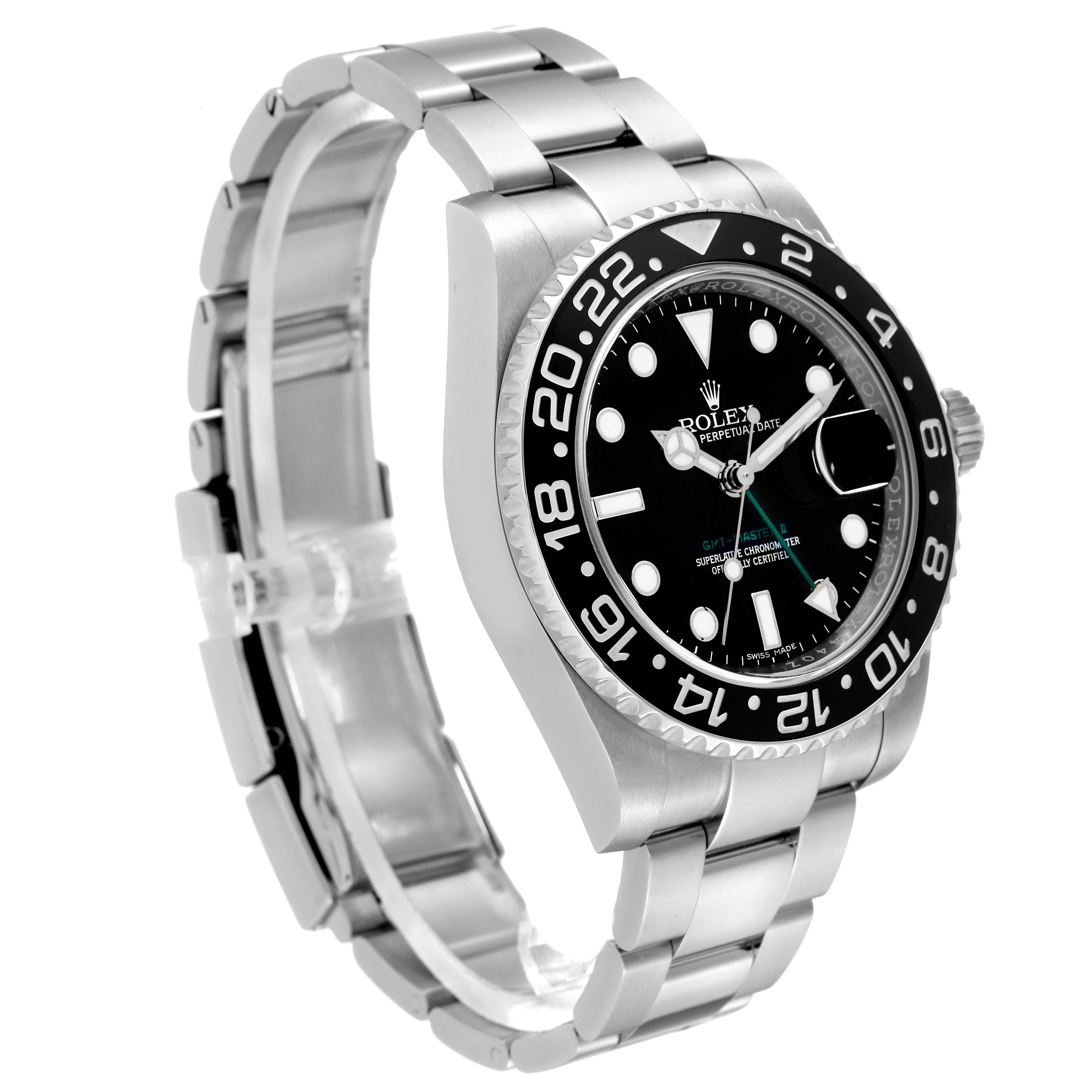 The Rolex GMT-Master 116710 Men
s Stainless Steel Black Dial 116710 Men
s Stainless Steel Black Dial watch is shown at a three-quarter angle, displaying the dial, bezel, crown, and part of the bracelet.