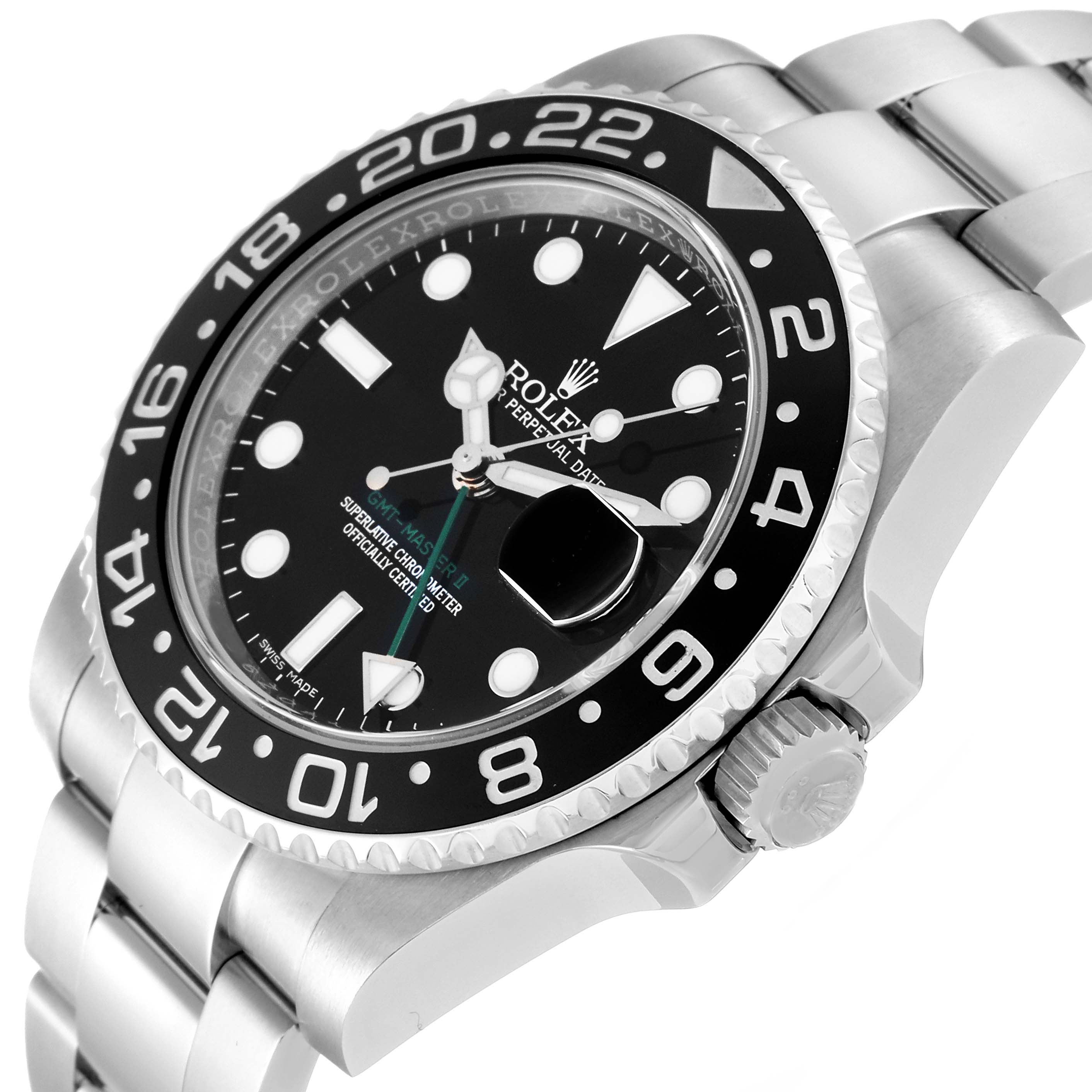 The image shows a close-up angle of the Rolex GMT-Master 116710 Men
s Stainless Steel Black Dial 116710 Men
s Stainless Steel Black Dial watch, highlighting the bezel, dial, and crown.