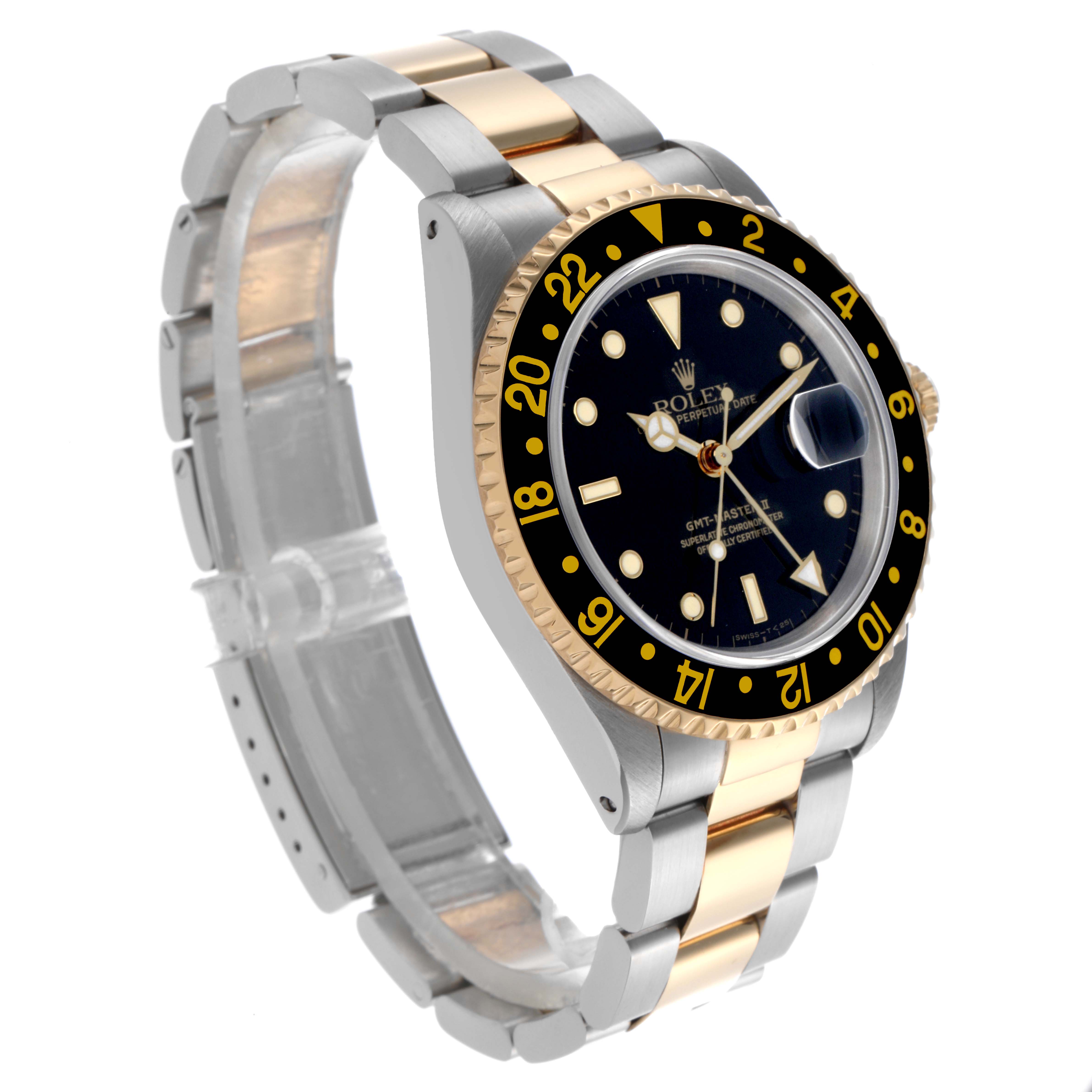 The Rolex GMT-Master 16713LN Men's Steel and Gold (two tone) Black Dial 16713LN Men's Steel and Gold (two tone) Black Dial is shown at a three-quarter angle, displaying the face, bezel, crown, and bracelet.