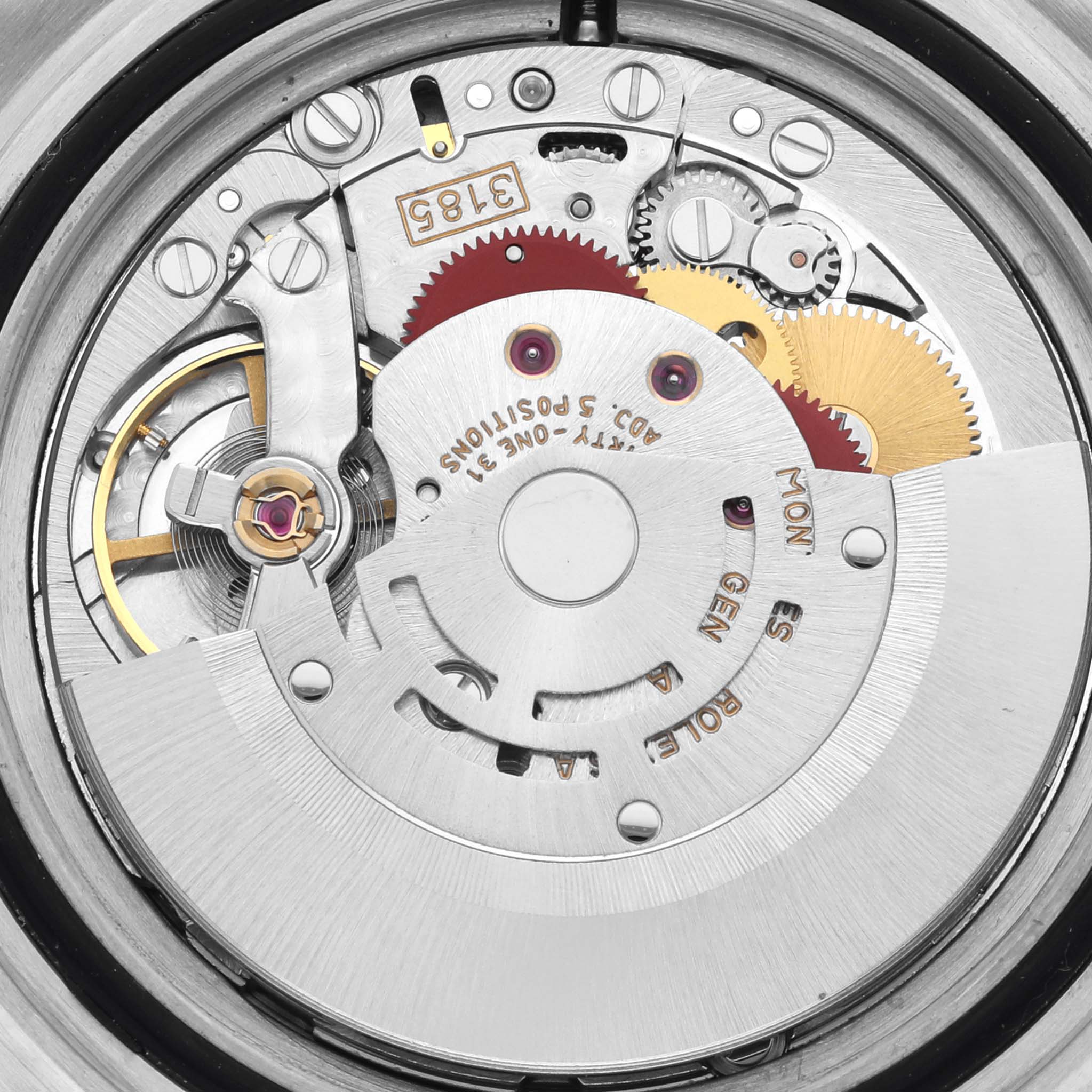 The image shows the movement mechanism of a Rolex GMT-Master 16713LN Men's Steel and Gold (two tone) Black Dial 16713LN Men's Steel and Gold (two tone) Black Dial watch, viewed from the back, highlighting gears and components.