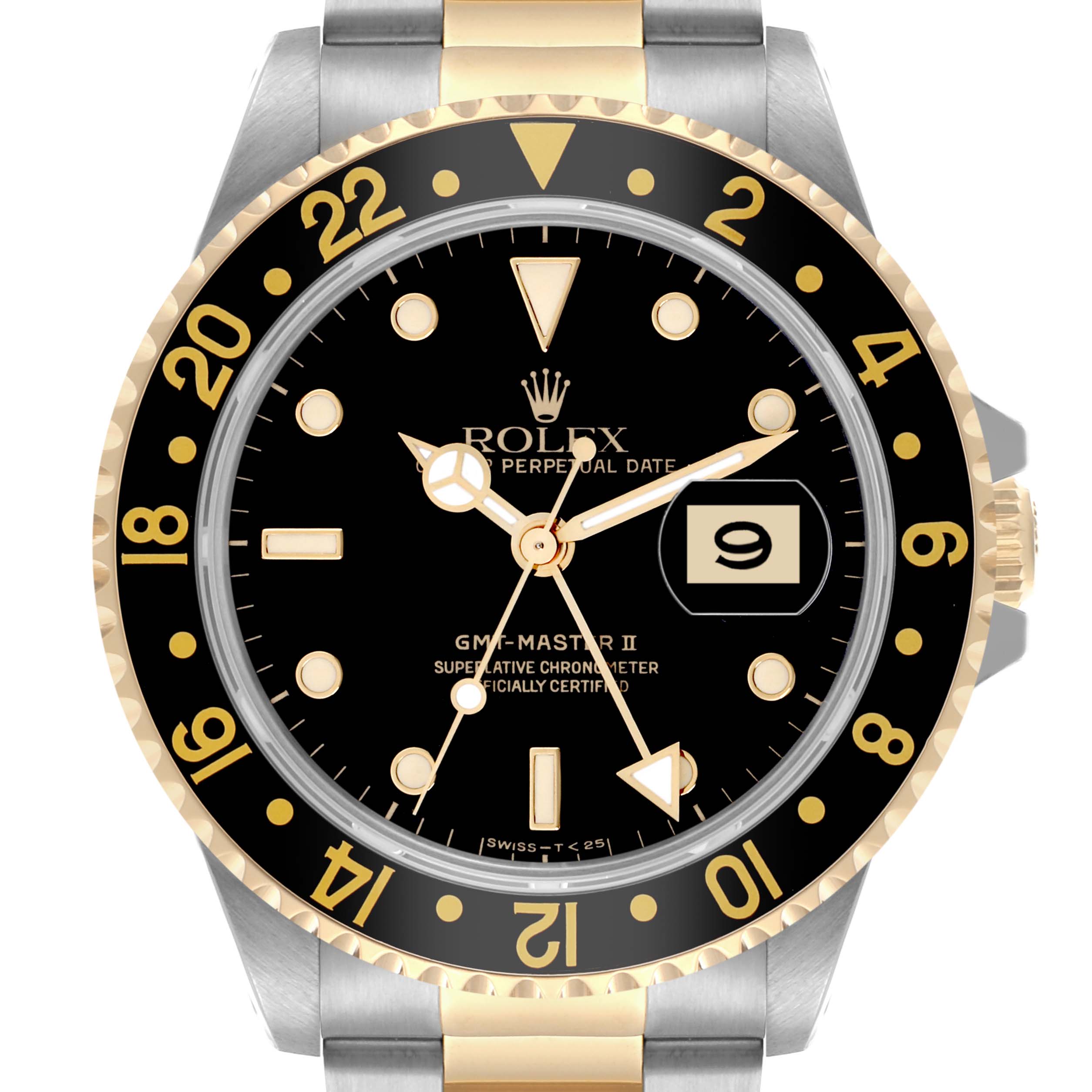 The image shows a front view of a Rolex GMT-Master 16713LN Men's Steel and Gold (two tone) Black Dial 16713LN Men's Steel and Gold (two tone) Black Dial II, highlighting the bezel, dial, hands, and date feature.