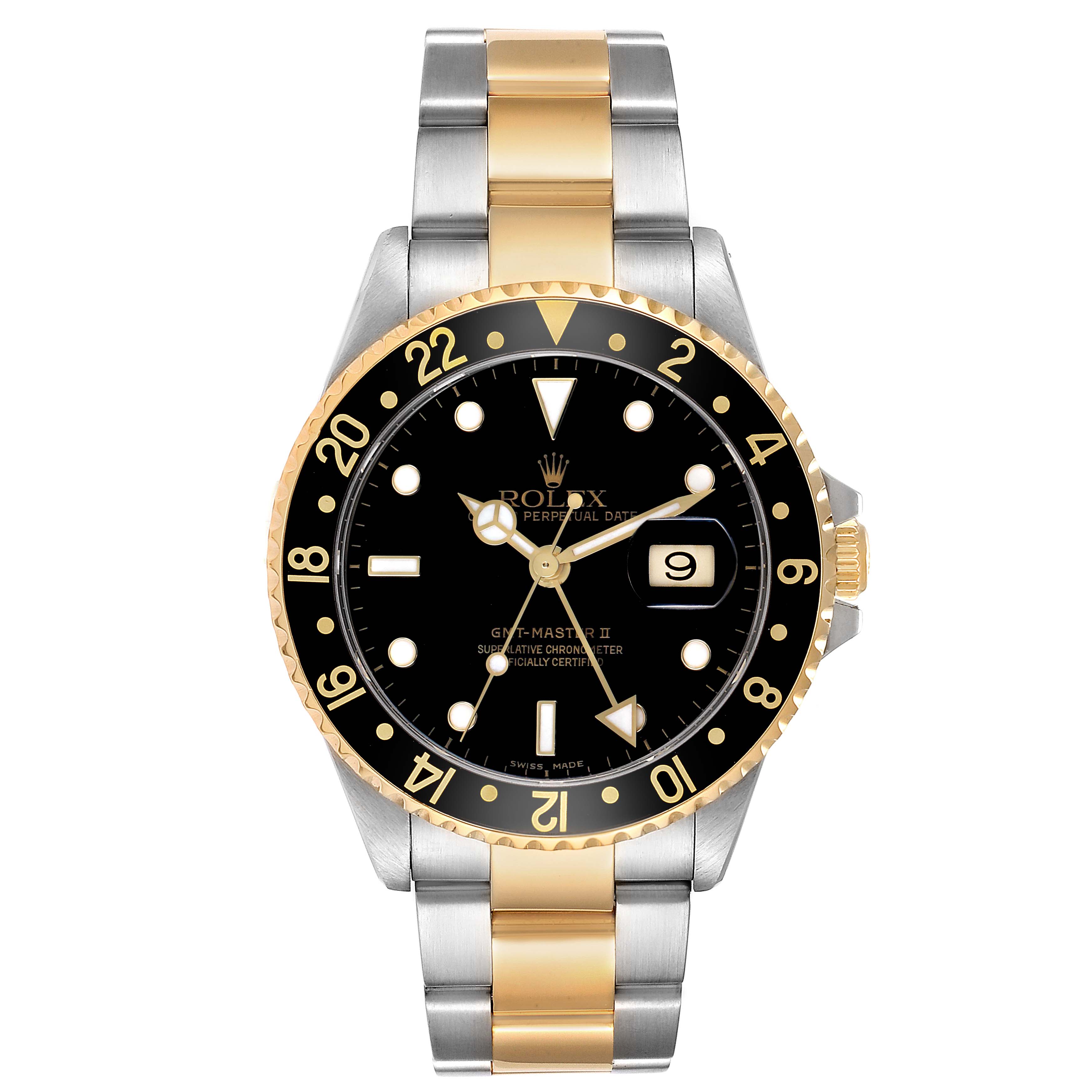 The Rolex GMT-Master 16713 Men's Steel and Gold (two tone) Black Dial watch is shown from the front, displaying the face, bezel, hands, and part of the bracelet.