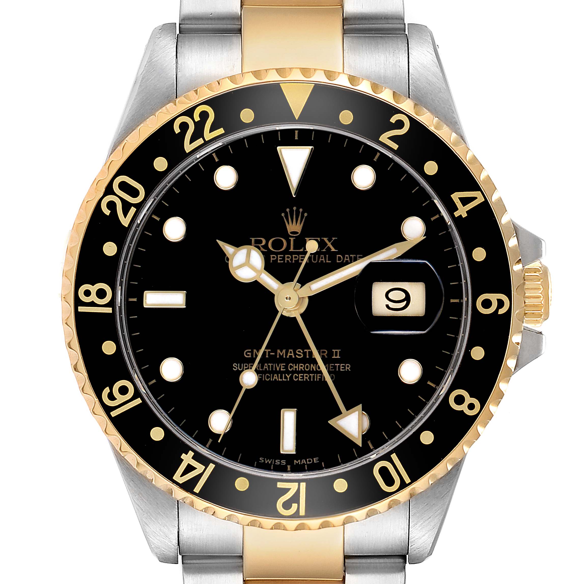 The Rolex GMT-Master 16713 Men's Steel and Gold (two tone) Black Dial watch is shown from a top-down angle, highlighting its bezel, dial, hands, and part of the bracelet.