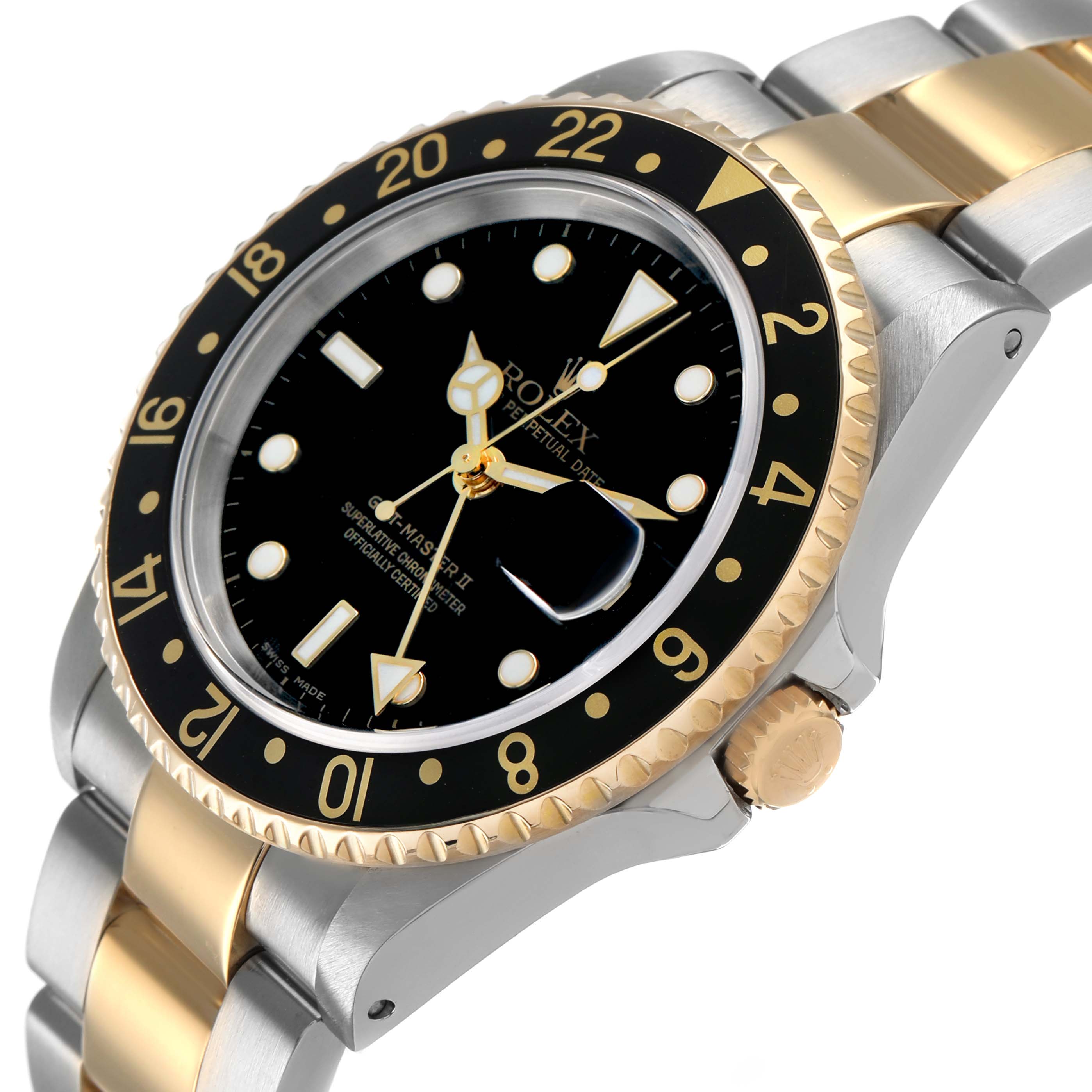 The Rolex GMT-Master 16713 Men's Steel and Gold (two tone) Black Dial watch is shown at an angle highlighting the face, bezel, and partial bracelet.
