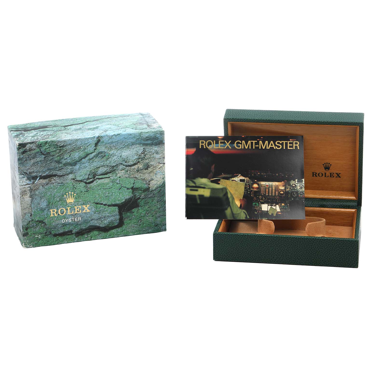 The image shows a Rolex GMT-Master 16713 Men's Steel and Gold (two tone) Black Dial box set, including the outer box, inner presentation box, and a booklet.