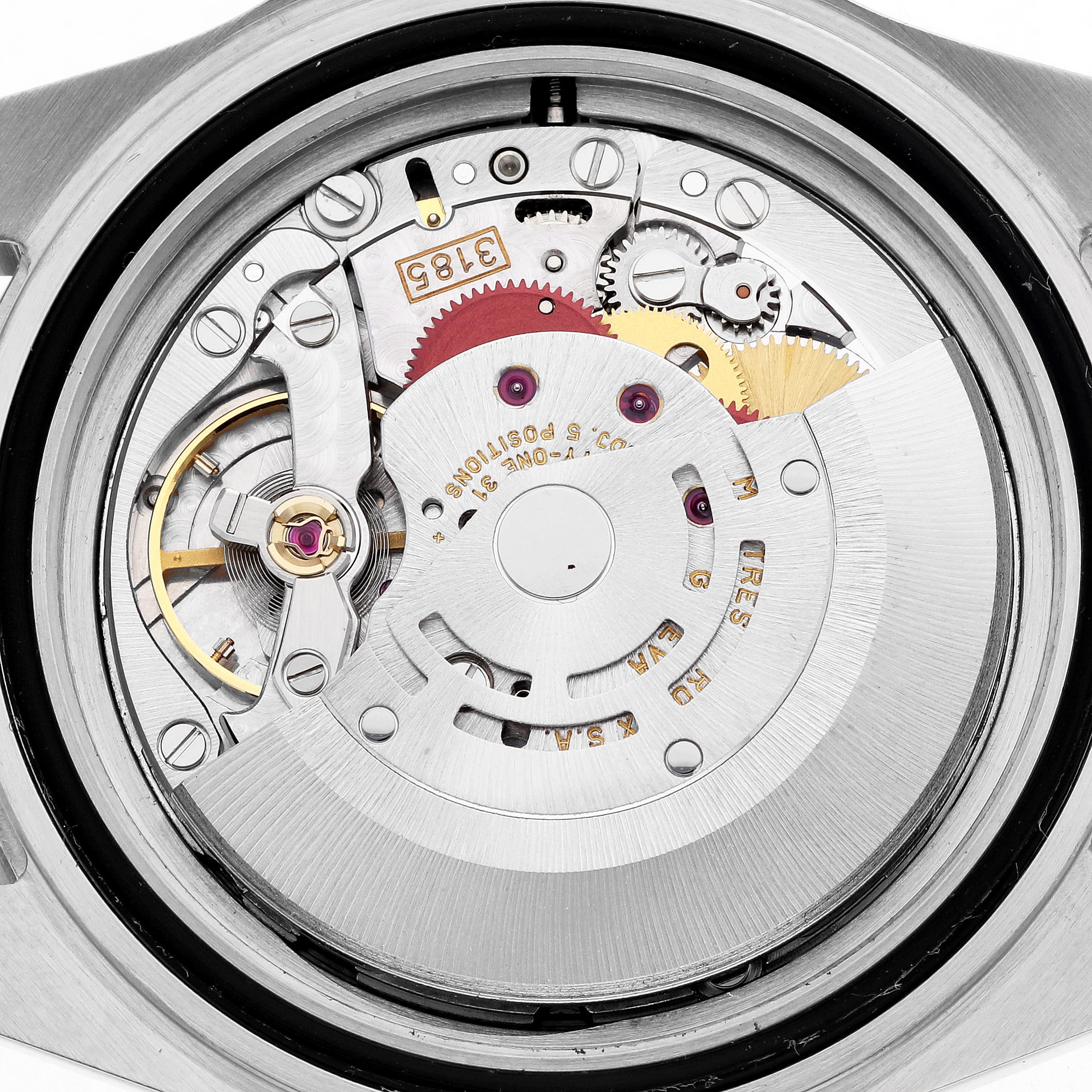 The image shows the movement of a Rolex GMT-Master 16713LN Men
s Steel and Gold (two tone) Black Dial 16713LN Men
s Steel and Gold (two tone) Black Dial, highlighting gears and components from a rear, caseback angle.