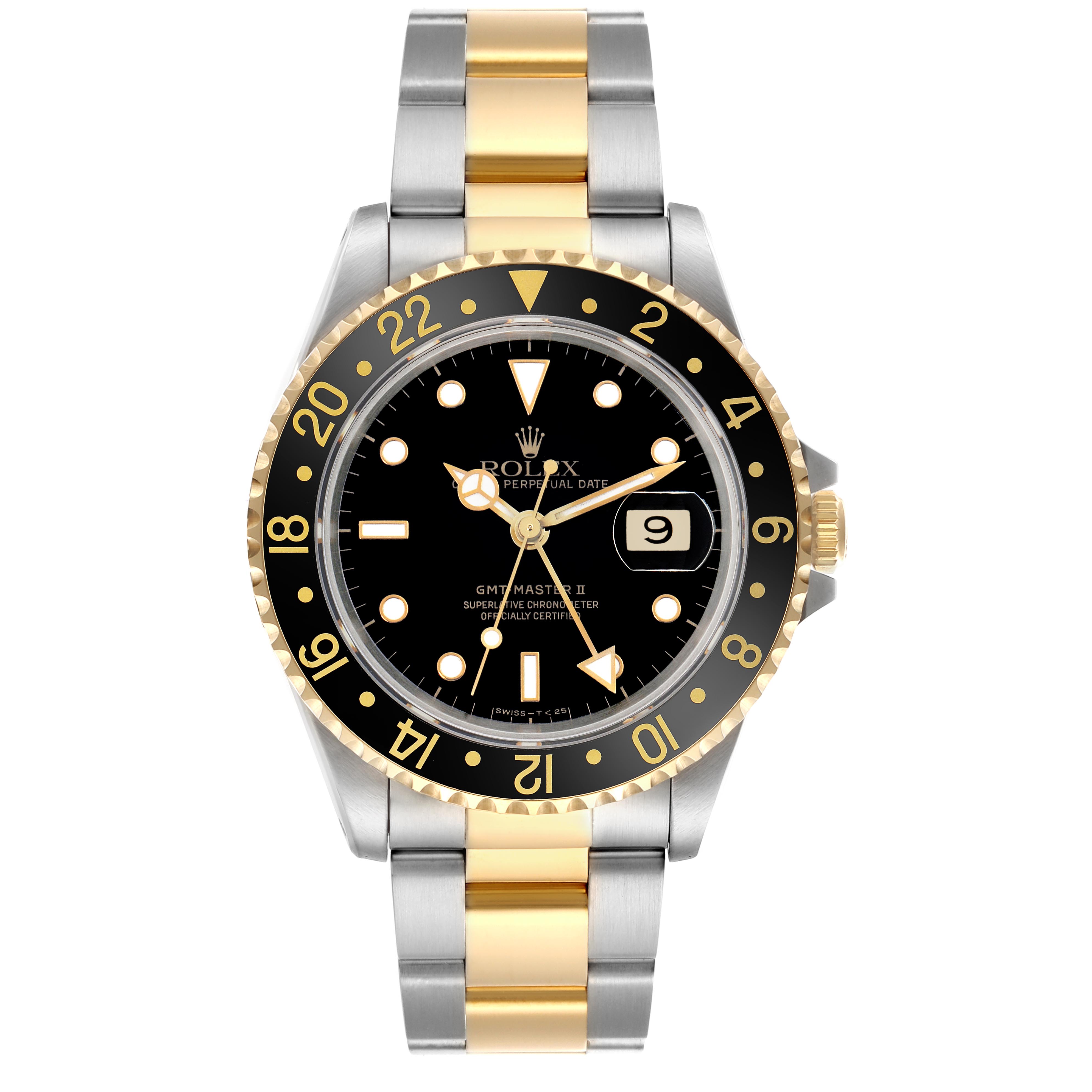 The Rolex GMT-Master 16713LN Men
s Steel and Gold (two tone) Black Dial 16713LN Men
s Steel and Gold (two tone) Black Dial II is shown from the front, highlighting its bezel, dial, hands, and jubilee bracelet.
