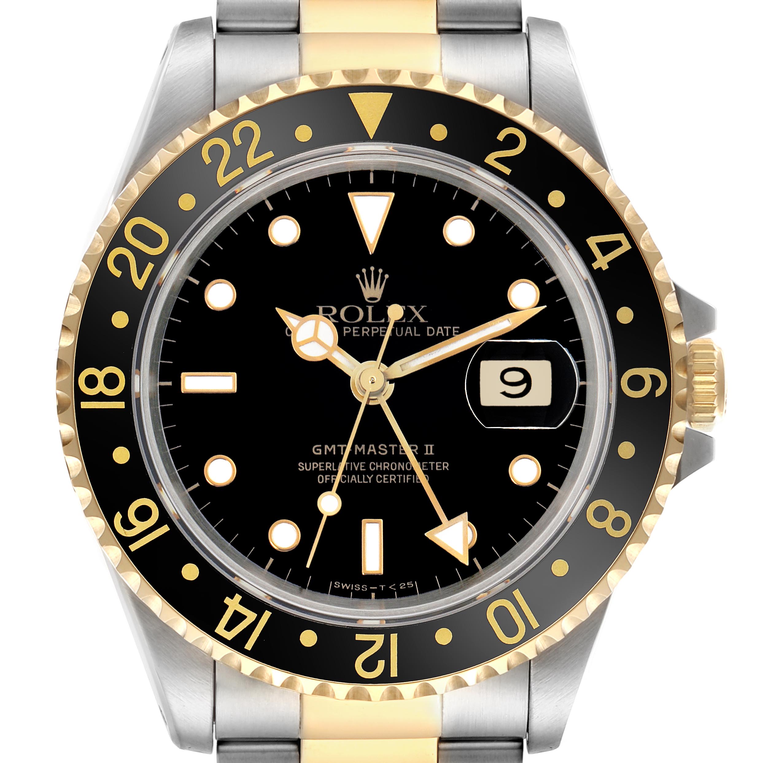 This image shows a Rolex GMT-Master 16713LN Men
s Steel and Gold (two tone) Black Dial 16713LN Men
s Steel and Gold (two tone) Black Dial II from the front, featuring its bezel, dial, and partially visible bracelet.