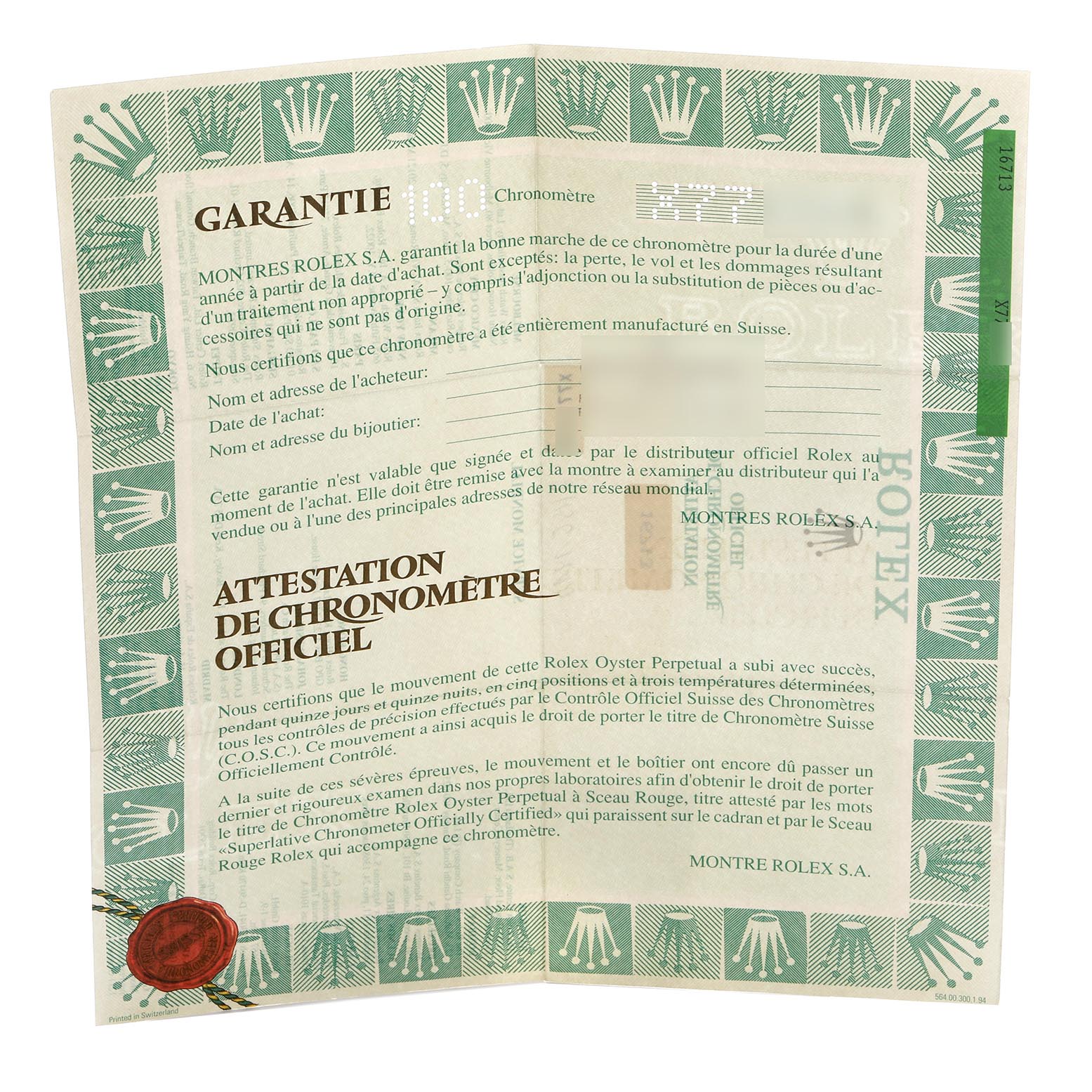 The image shows a Rolex warranty and chronometer certificate for the GMT-Master model.