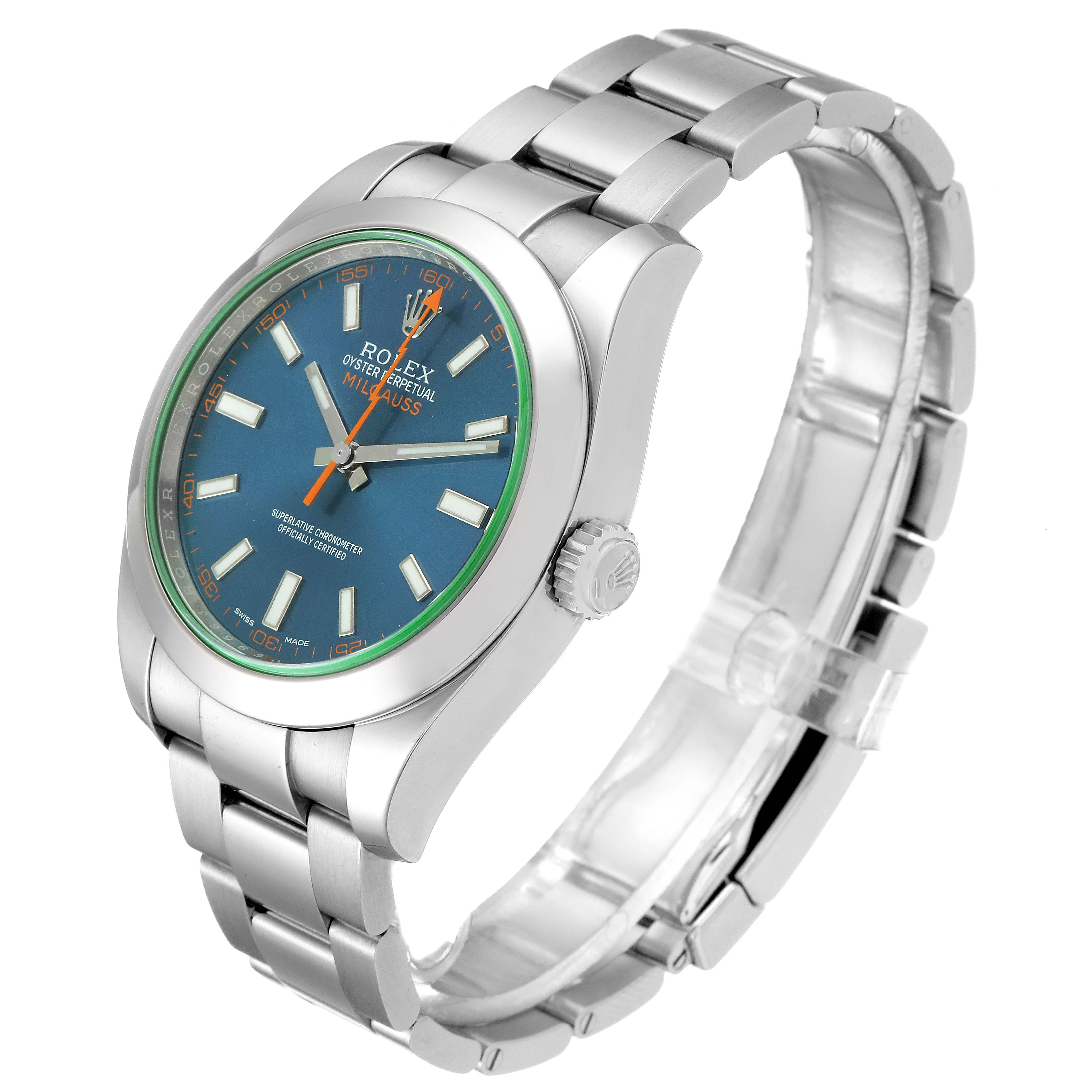 The image shows a Rolex Milgauss 116400GV Men's Stainless Steel Blue Dial 116400GV Men's Stainless Steel Blue Dial watch at a three-quarter angle, highlighting the face, bezel, crown, and bracelet.