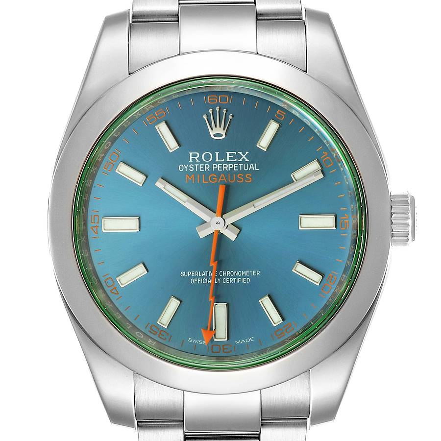 Rolex Milgauss Blue Dial Green Crystal Mens Watch 116400GV Box Card SwissWatchExpo