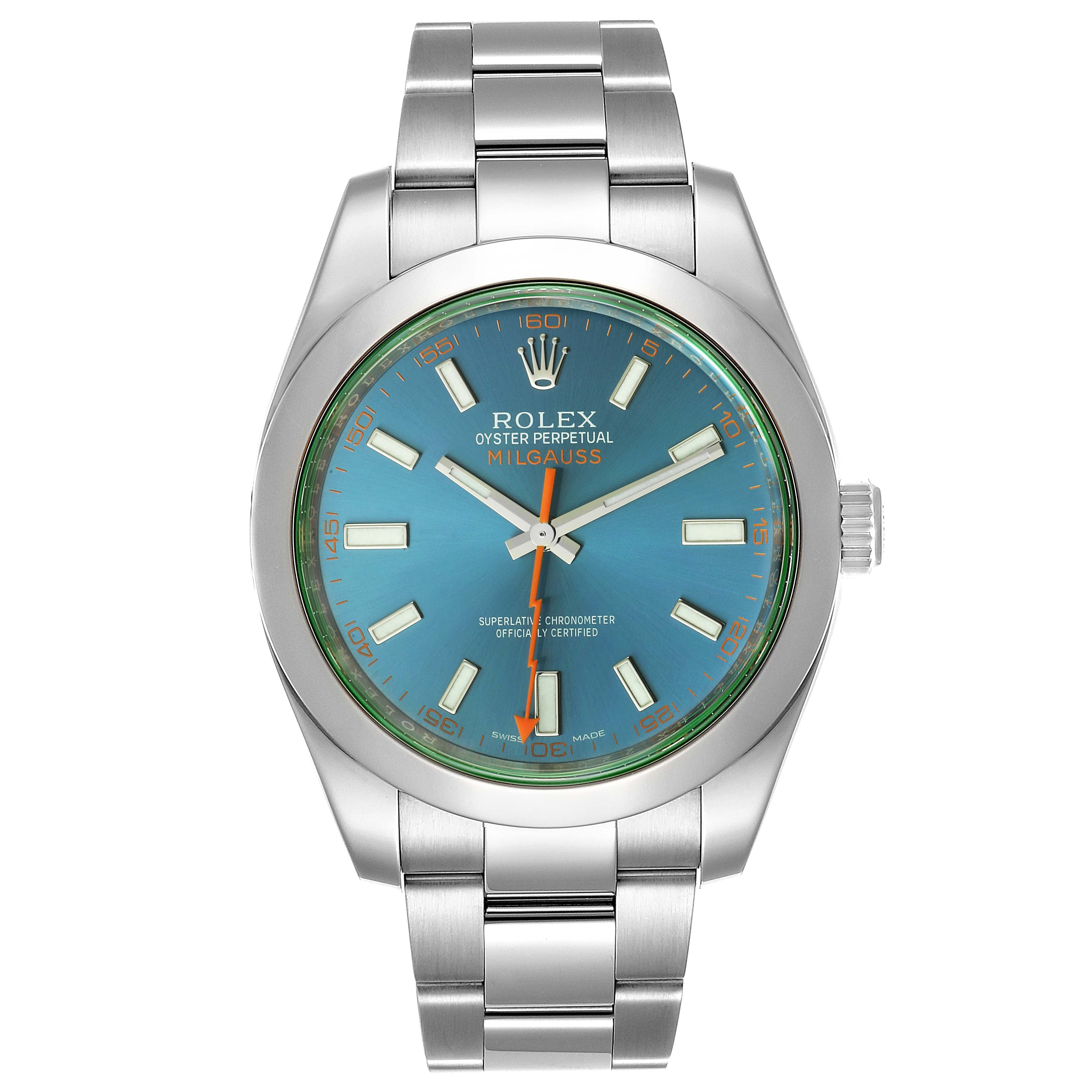 The image shows a front view of a Rolex Milgauss 116400GV Men's Stainless Steel Blue Dial 116400GV Men's Stainless Steel Blue Dial watch, displaying the dial, hands, and stainless steel bracelet.
