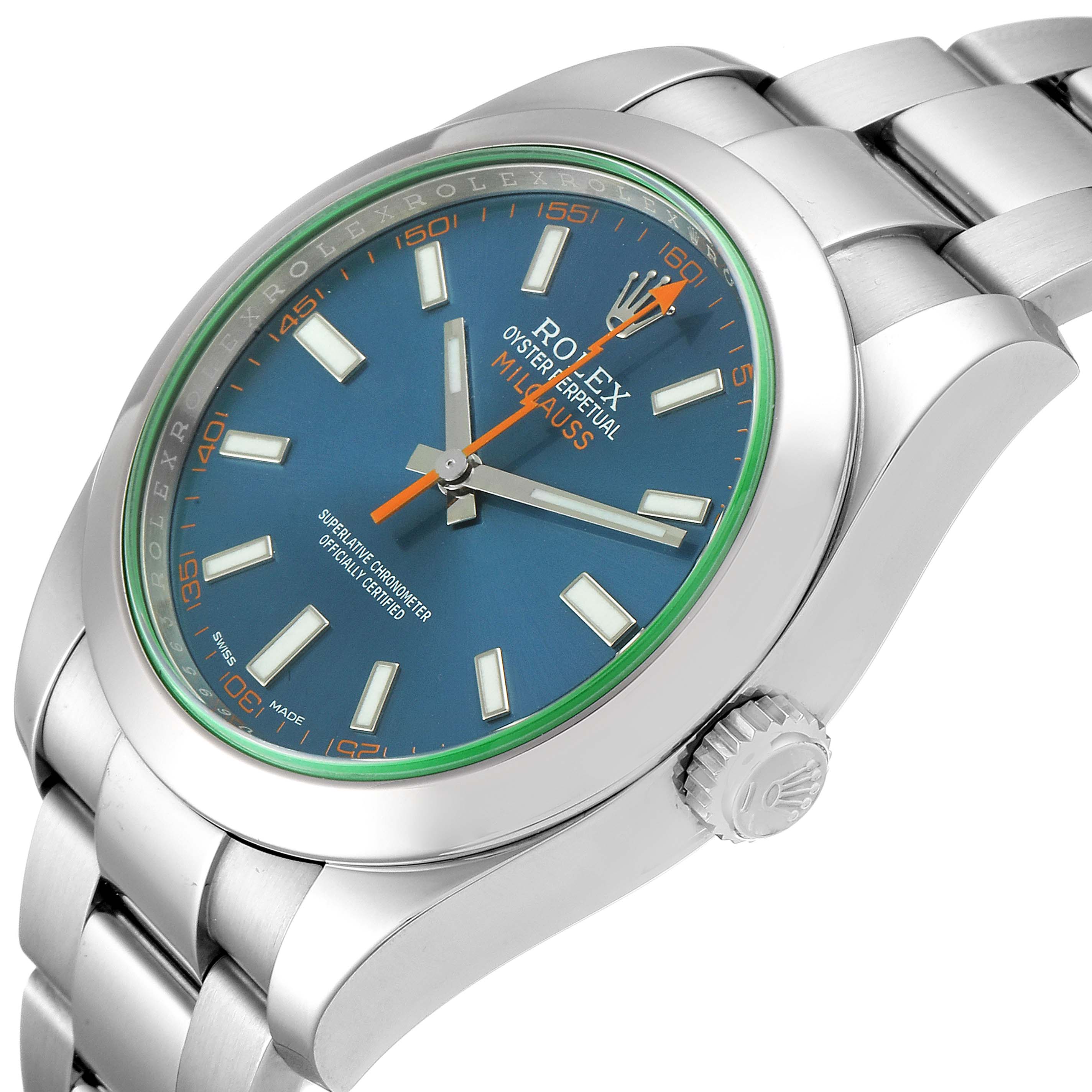 The image shows a Rolex Milgauss 116400GV Men's Stainless Steel Blue Dial 116400GV Men's Stainless Steel Blue Dial watch at an angle highlighting its blue dial, green-tinted crystal, and stainless steel bracelet.