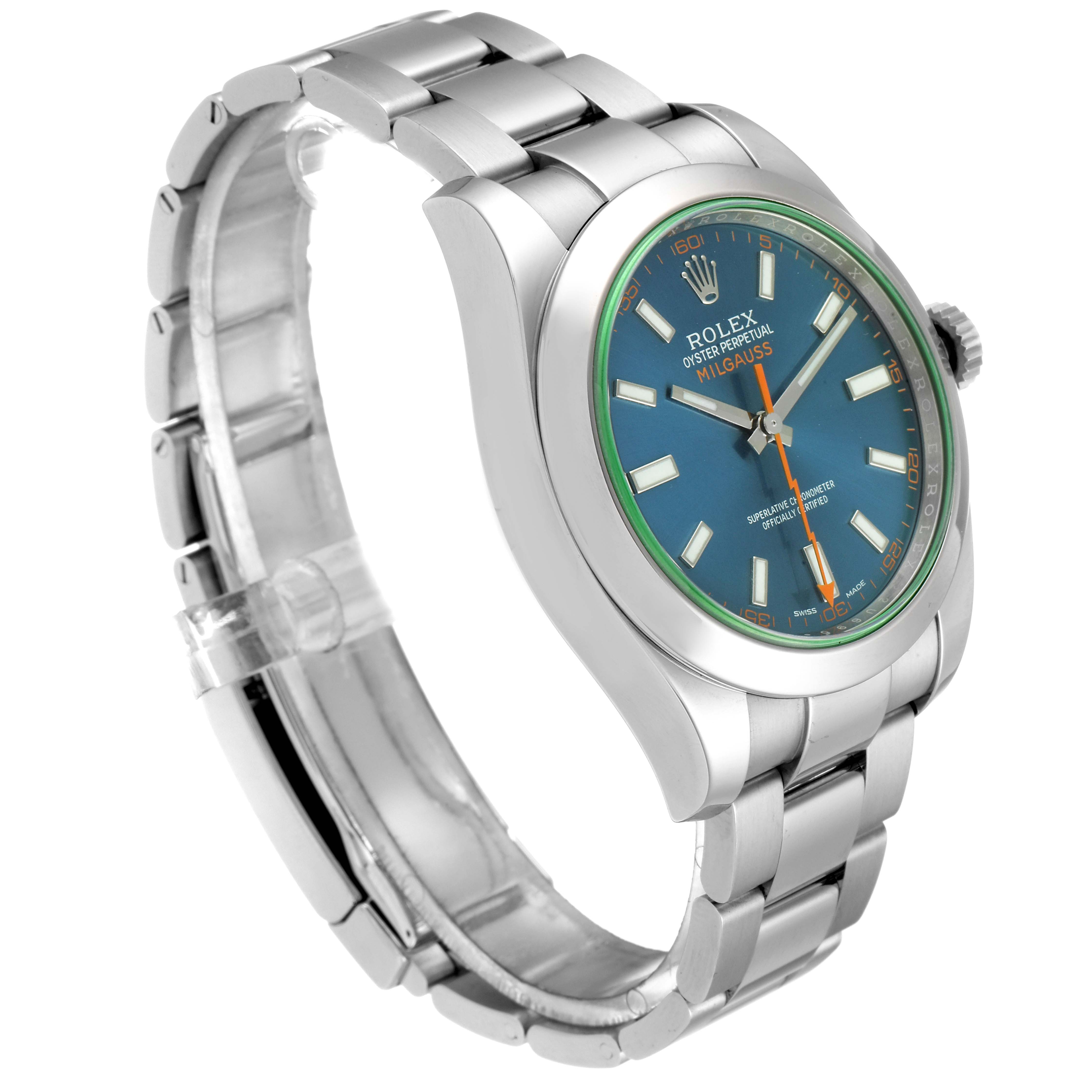 The image shows a side angle of a Rolex Milgauss 116400GV Men's Stainless Steel Blue Dial 116400GV Men's Stainless Steel Blue Dial watch, highlighting the bracelet, bezel, and blue dial with orange accents.