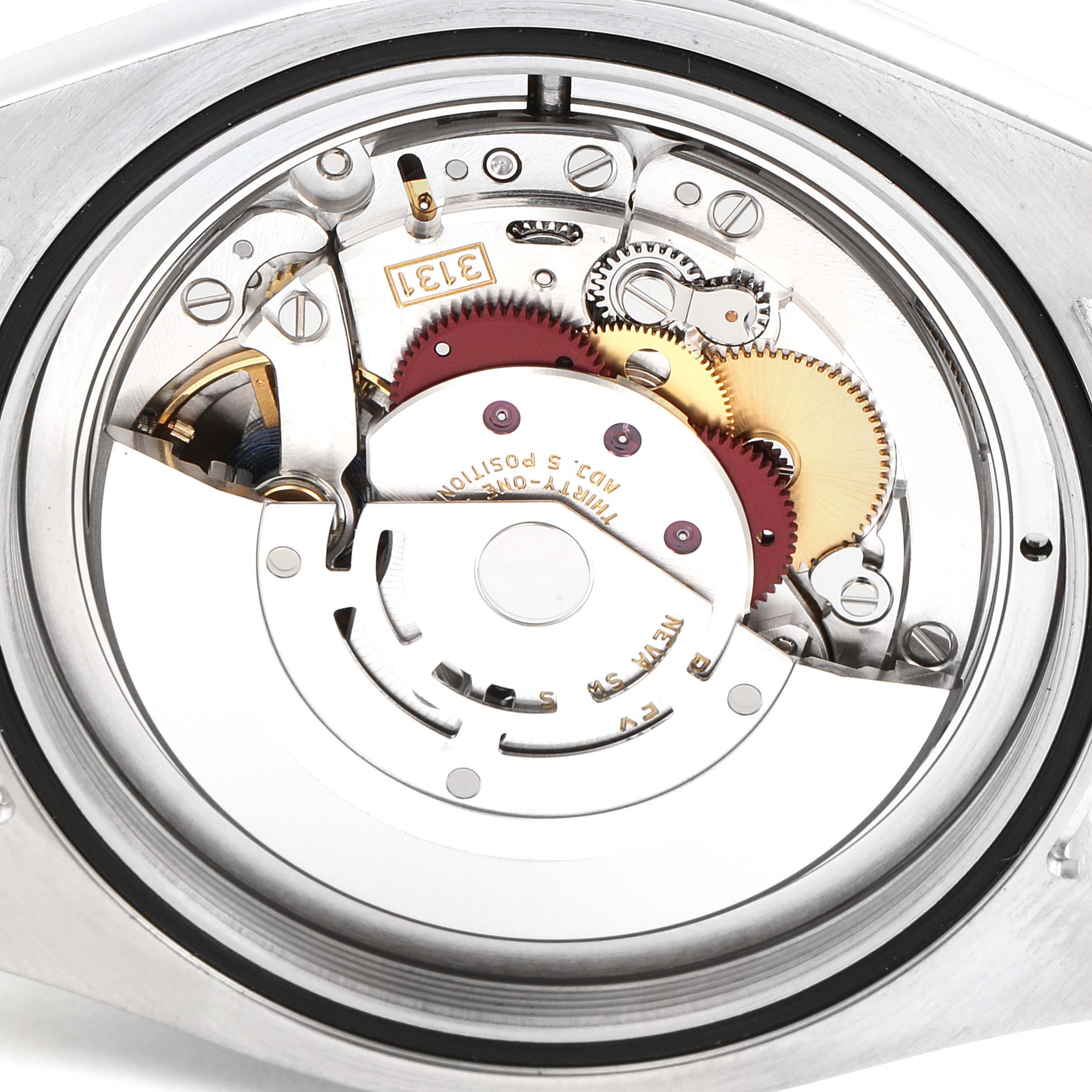 This image shows the internal movement mechanism of a Rolex Milgauss 116400GV Men's Stainless Steel Blue Dial 116400GV Men's Stainless Steel Blue Dial watch from the back.