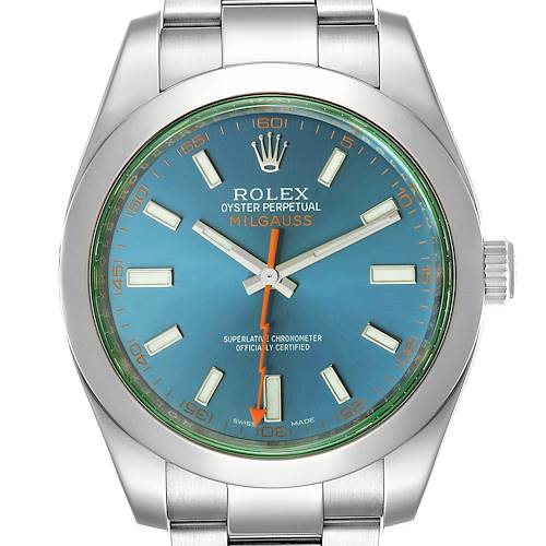Photo of Rolex Milgauss Blue Dial Green Crystal Mens Watch 116400GV Box Card