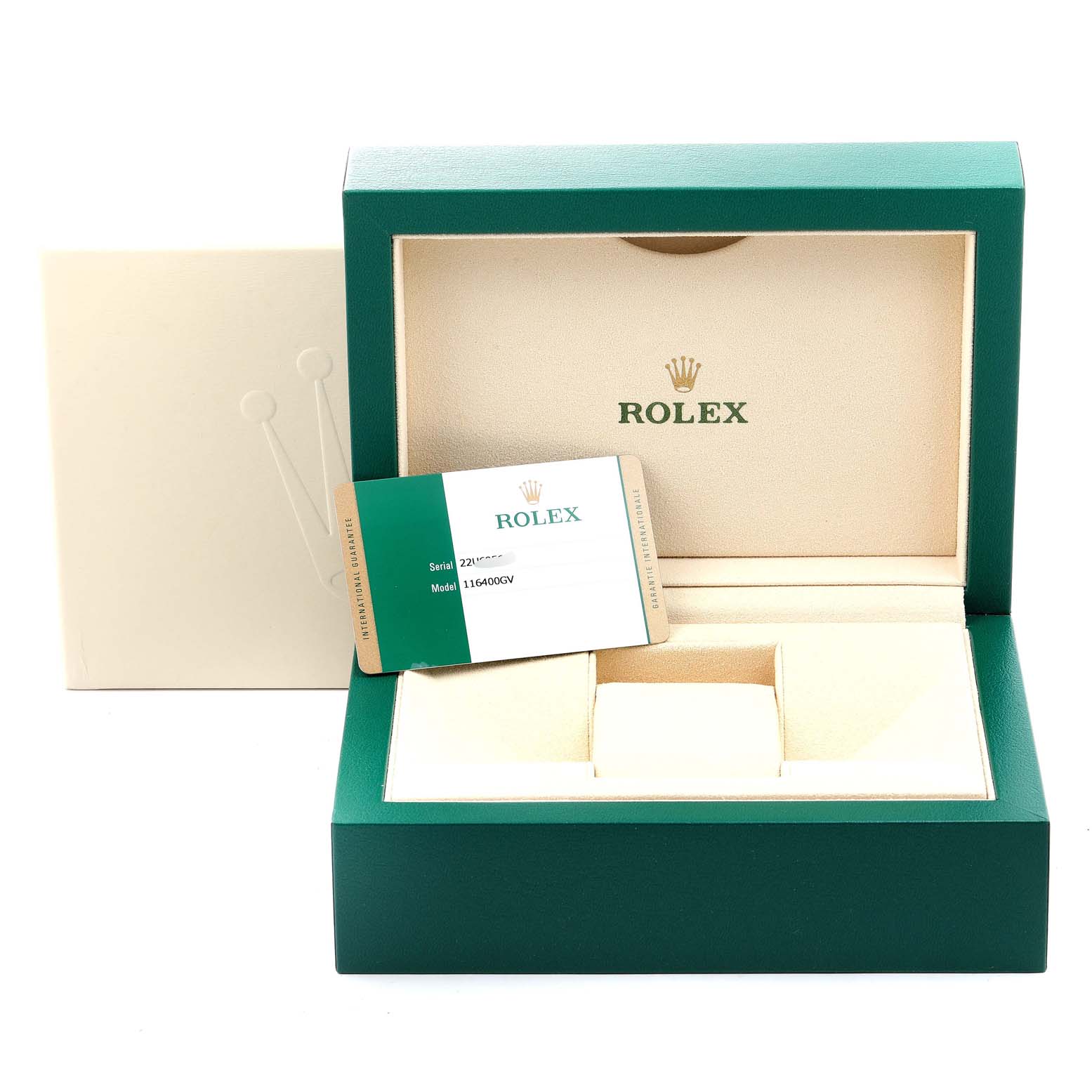 The image shows an open Rolex Milgauss 116400GV Men's Stainless Steel Blue Dial 116400GV Men's Stainless Steel Blue Dial watch box with a card displaying the model number 116400GV.