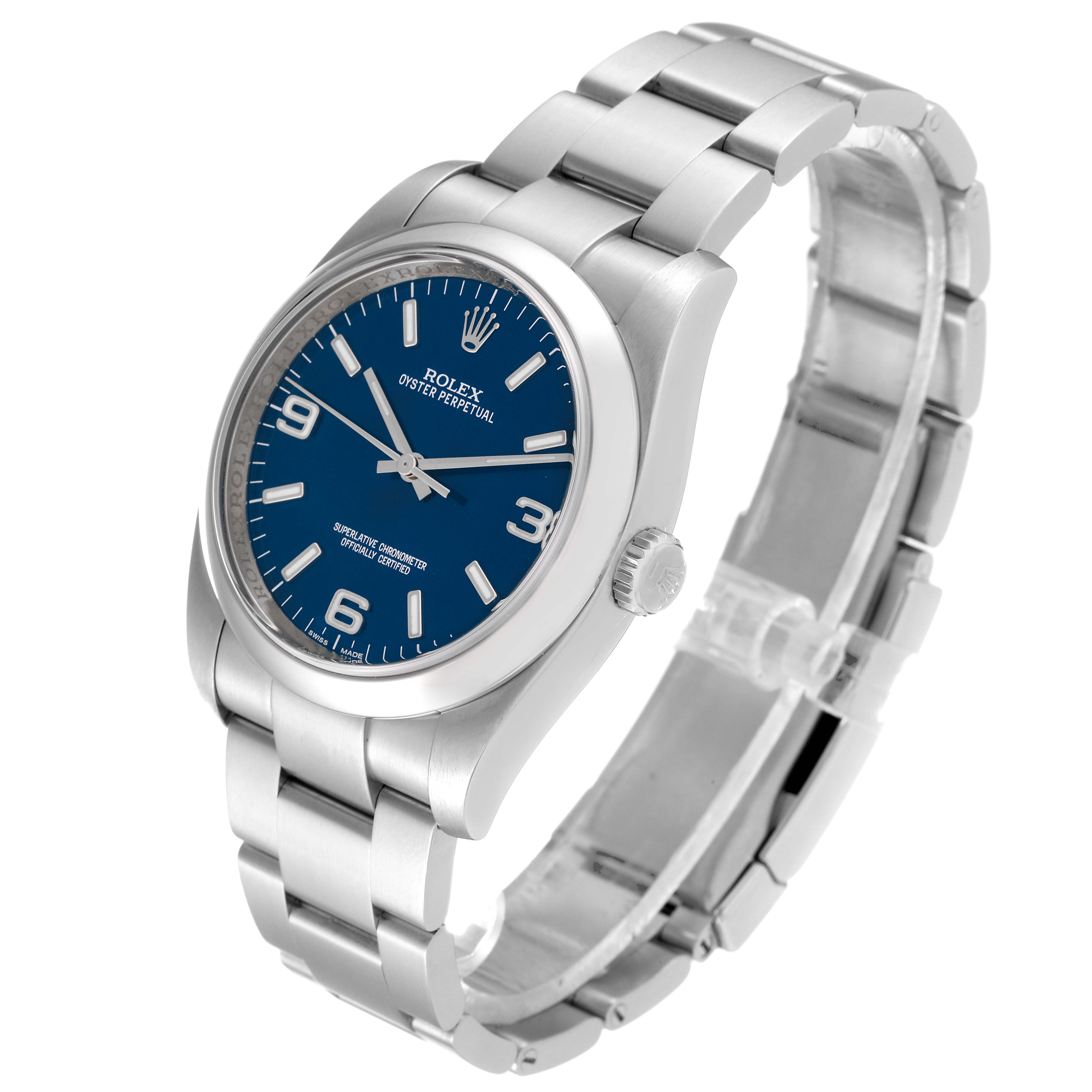 The image shows a side and front view of the Rolex Oyster Perpetual 116000 Men
s Stainless Steel Blue Dial 116000 Men
s Stainless Steel Blue Dial watch, highlighting the blue dial and stainless steel bracelet.