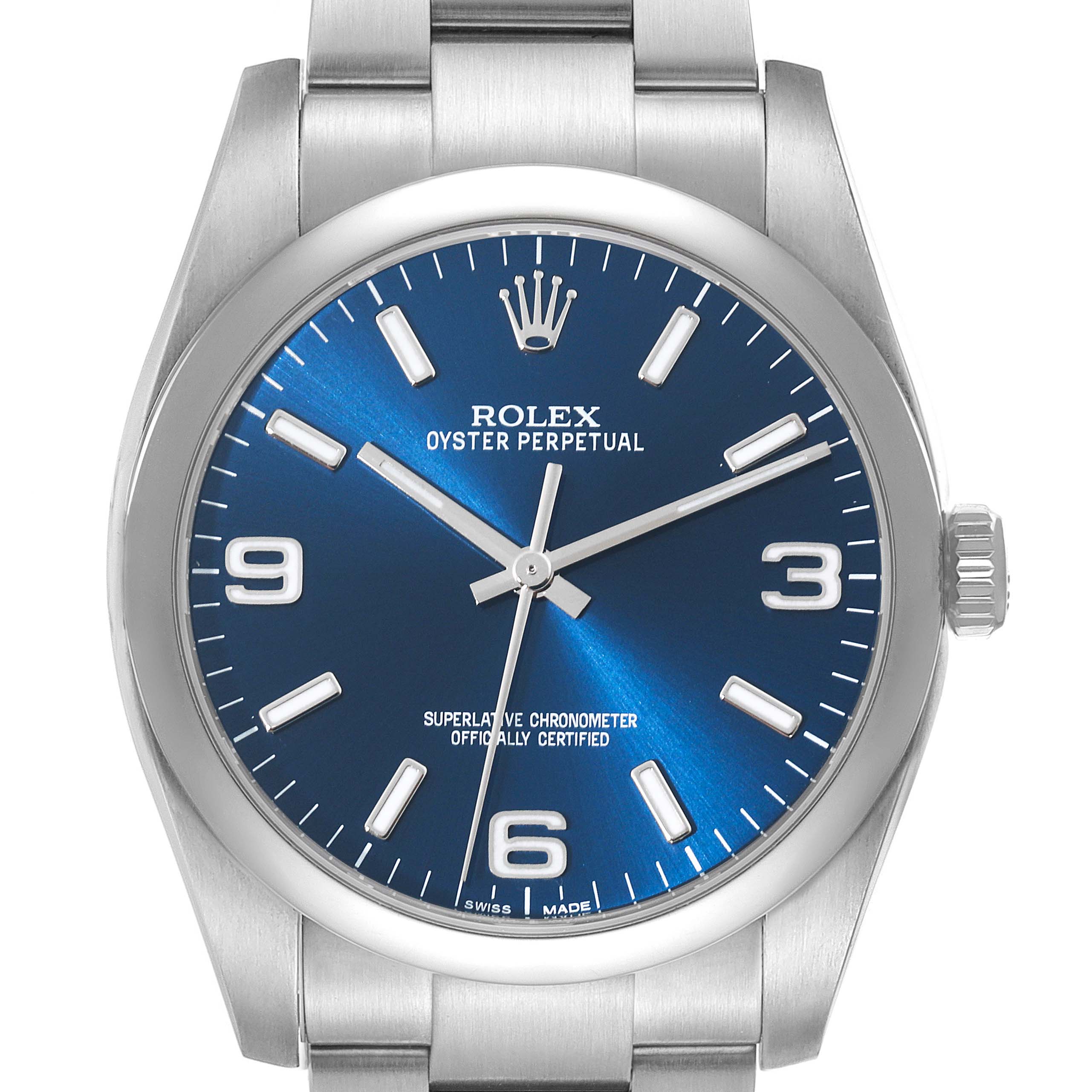 The image shows a front view of a Rolex Oyster Perpetual 116000 Men
s Stainless Steel Blue Dial 116000 Men
s Stainless Steel Blue Dial watch with a blue dial, silver indices, and a stainless steel bracelet.