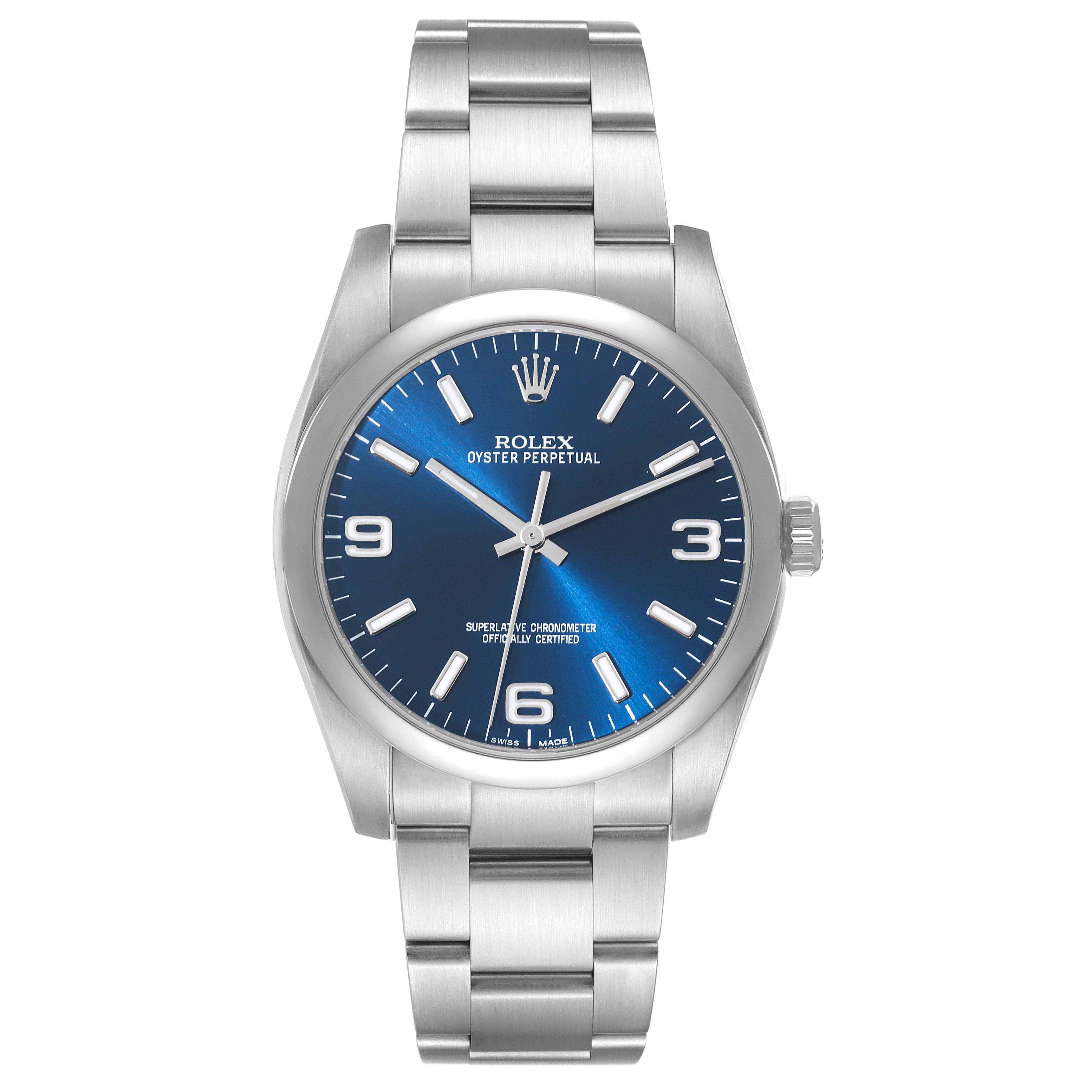 This image shows a front view of the Rolex Oyster Perpetual 116000 Men
s Stainless Steel Blue Dial 116000 Men
s Stainless Steel Blue Dial watch, highlighting the blue dial, stainless steel case, and bracelet.