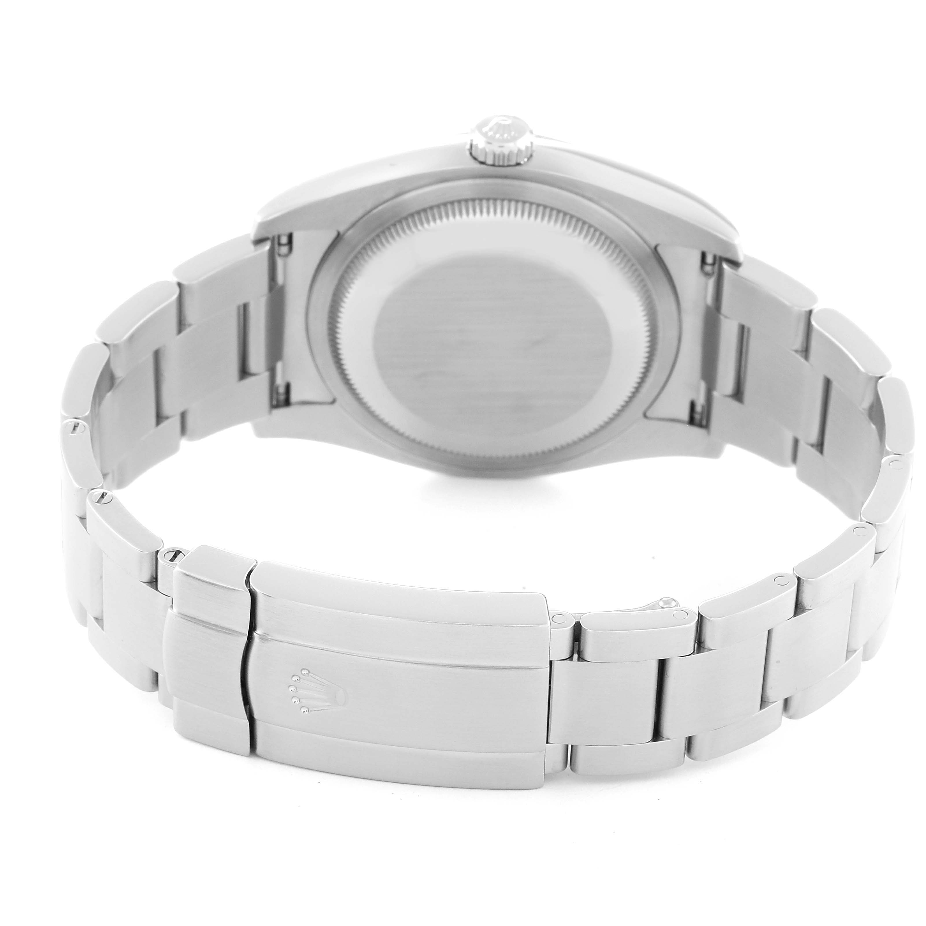 This image shows the back view of a Rolex Oyster Perpetual 116000 Men
s Stainless Steel Blue Dial 116000 Men
s Stainless Steel Blue Dial watch, highlighting the clasp and caseback.