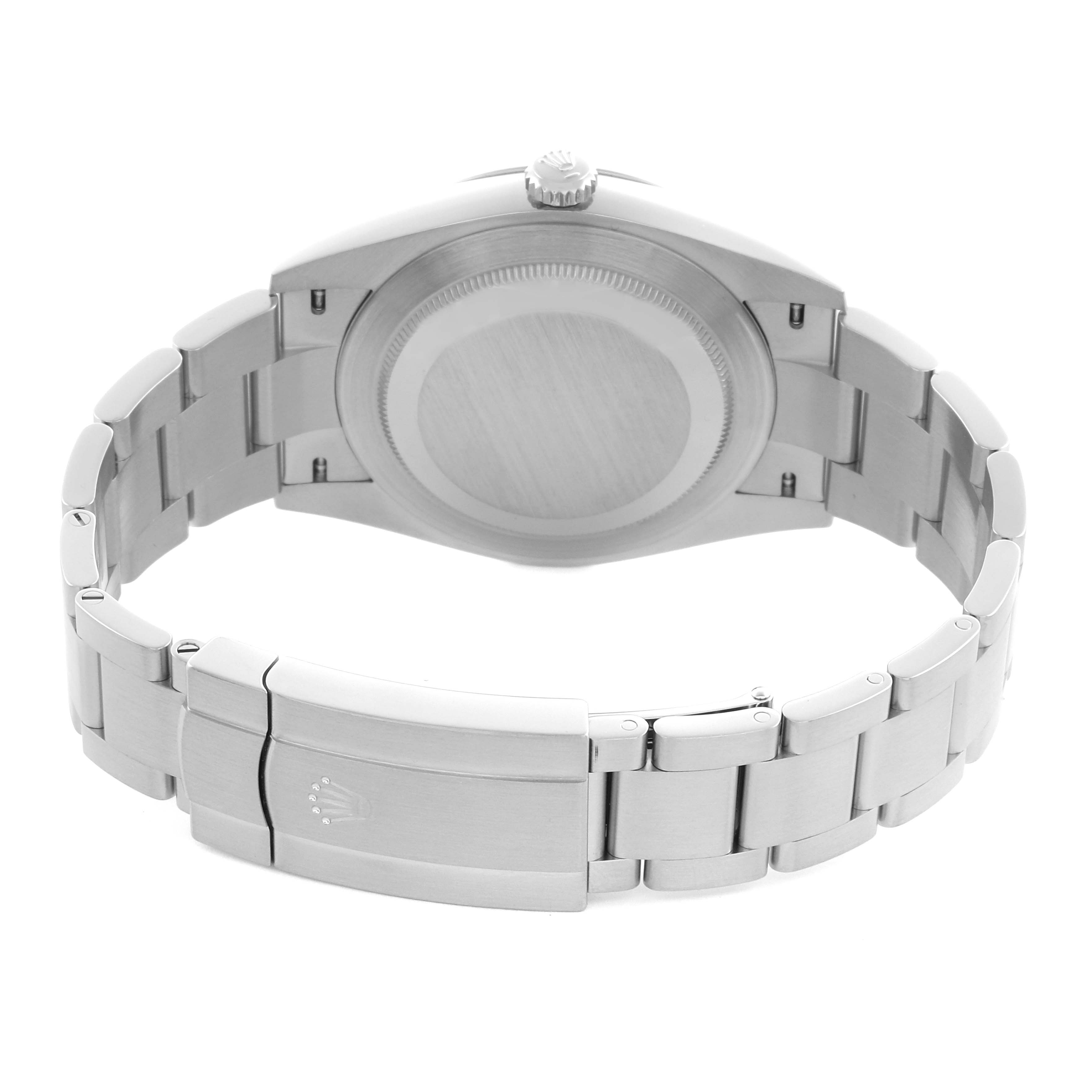 The image shows the back case and bracelet clasp of a Rolex Oyster Perpetual 124300 Men's Stainless Steel Silver Dial 124300 Men's Stainless Steel Silver Dial, viewed from the rear angle.