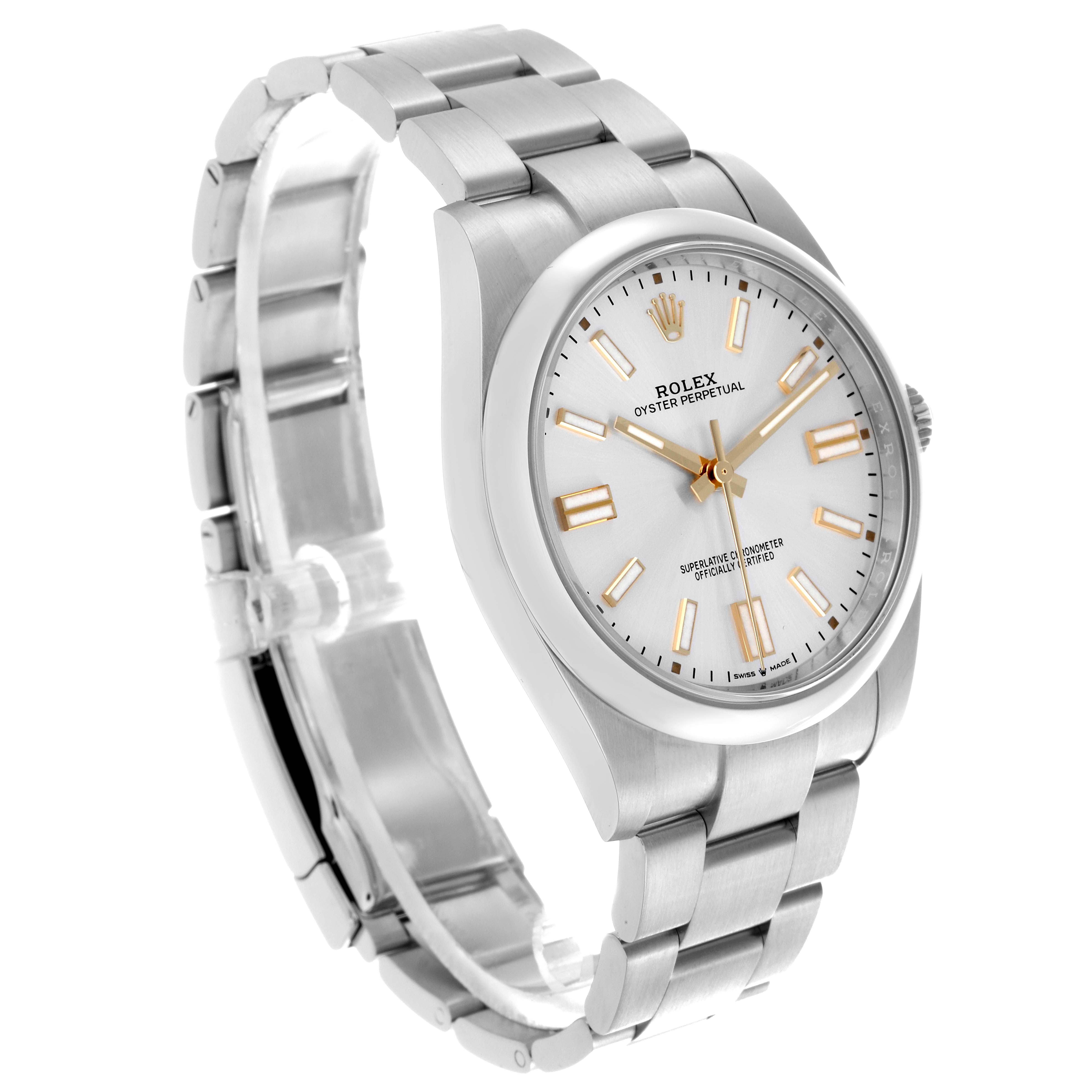 The Rolex Oyster Perpetual 124300 Men's Stainless Steel Silver Dial 124300 Men's Stainless Steel Silver Dial watch is shown from a three-quarter angle, displaying the dial, case, and bracelet.