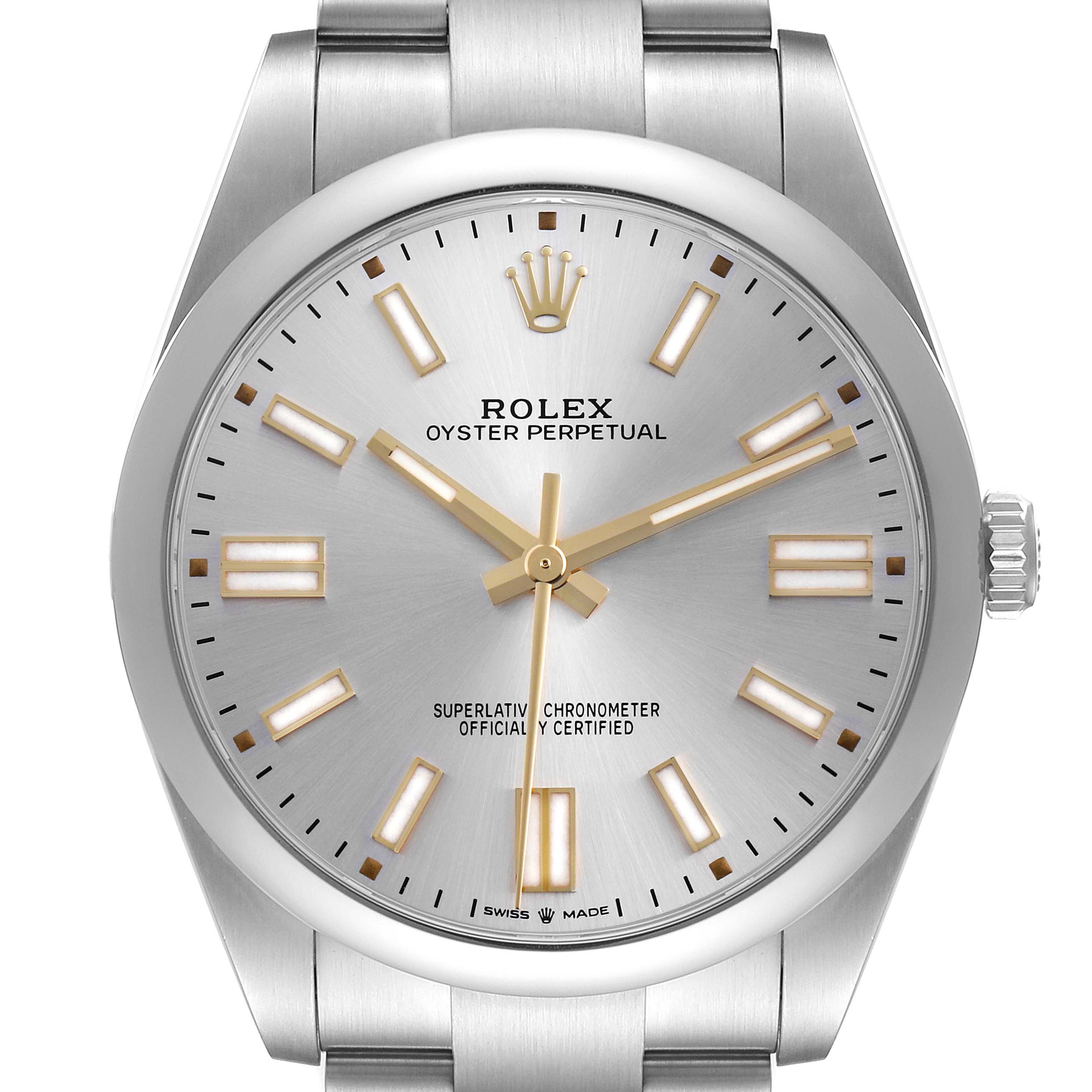 The Rolex Oyster Perpetual 124300 Men's Stainless Steel Silver Dial 124300 Men's Stainless Steel Silver Dial watch is shown from a front angle, highlighting the dial, hands, crown, and bracelet.