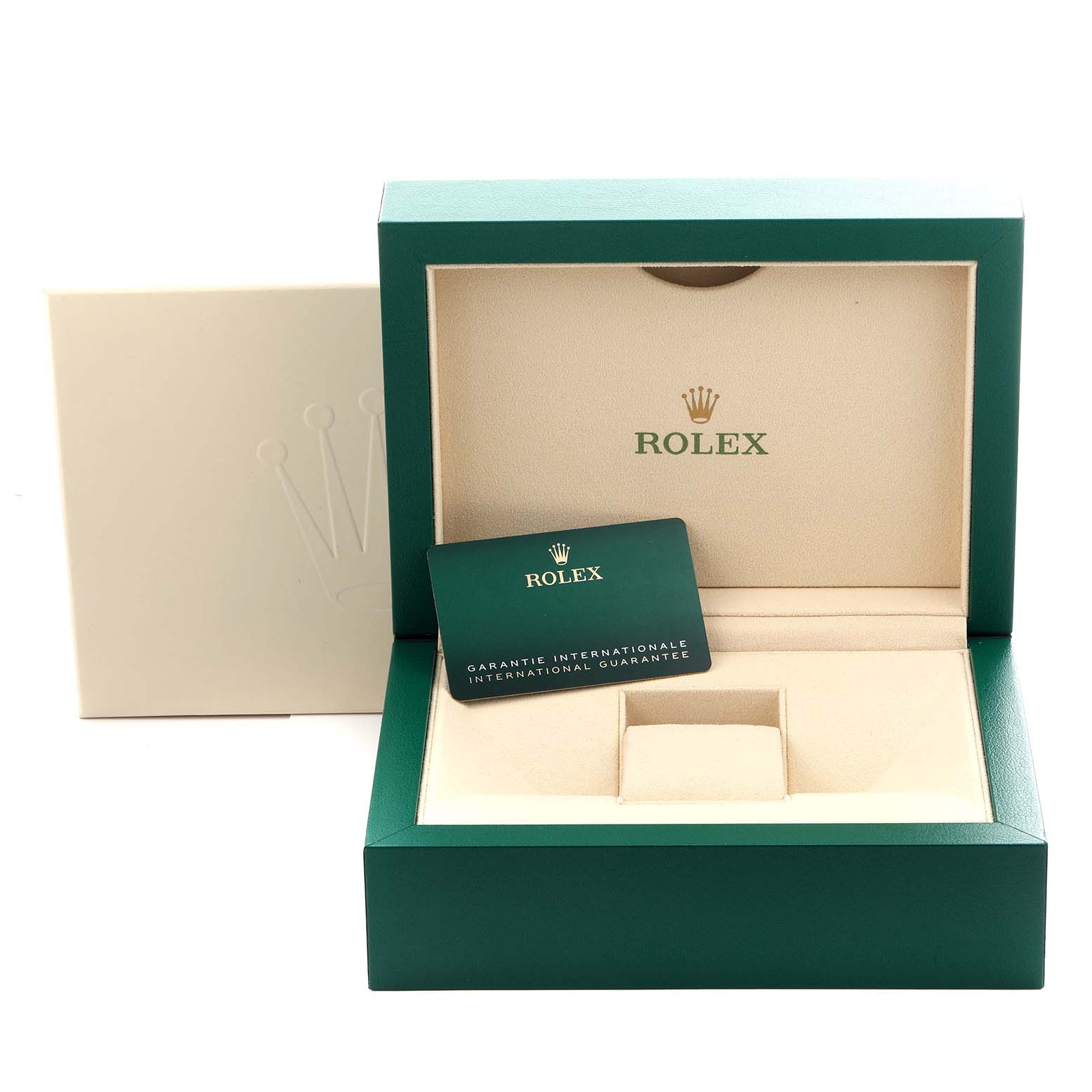 The image shows a green Rolex Oyster Perpetual 124300 Men's Stainless Steel Silver Dial 124300 Men's Stainless Steel Silver Dial watch box with its lid open, revealing the interior and a guarantee card.