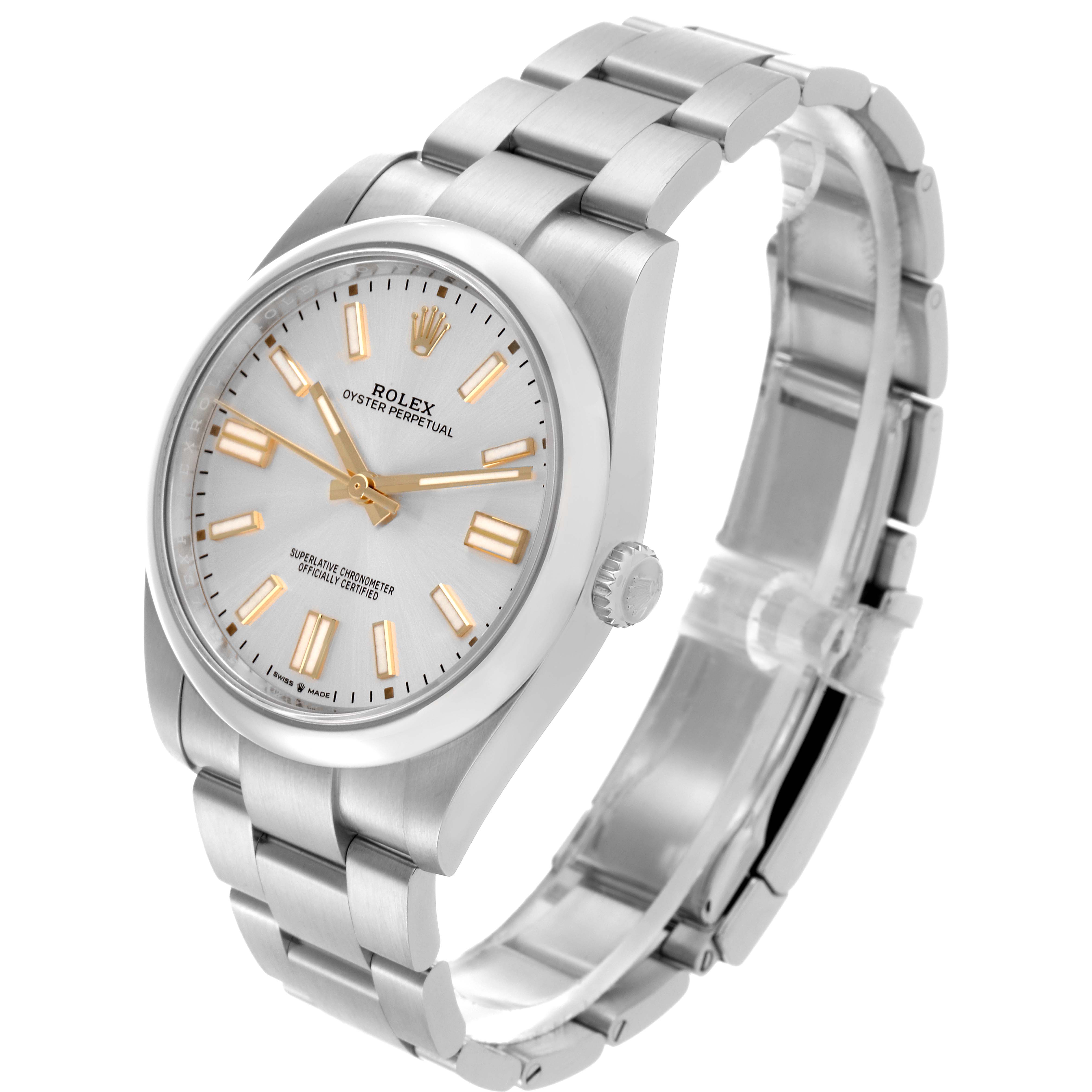 The Rolex Oyster Perpetual 124300 Men's Stainless Steel Silver Dial 124300 Men's Stainless Steel Silver Dial watch is shown at a front angle, highlighting the face, bezel, crown, and bracelet.