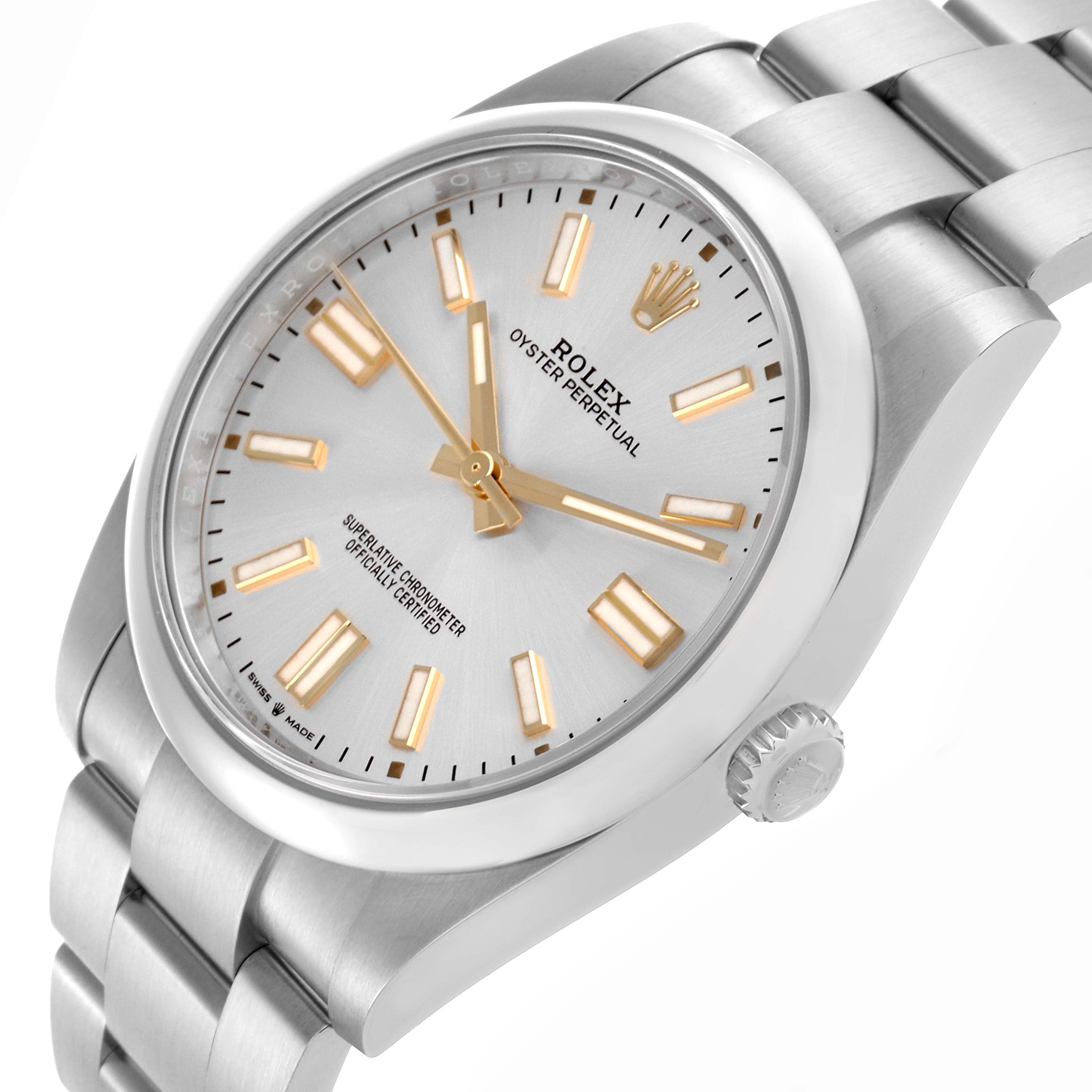 The Rolex Oyster Perpetual 124300 Men's Stainless Steel Silver Dial 124300 Men's Stainless Steel Silver Dial watch is shown at a three-quarter angle, highlighting the face, bezel, and part of the bracelet.