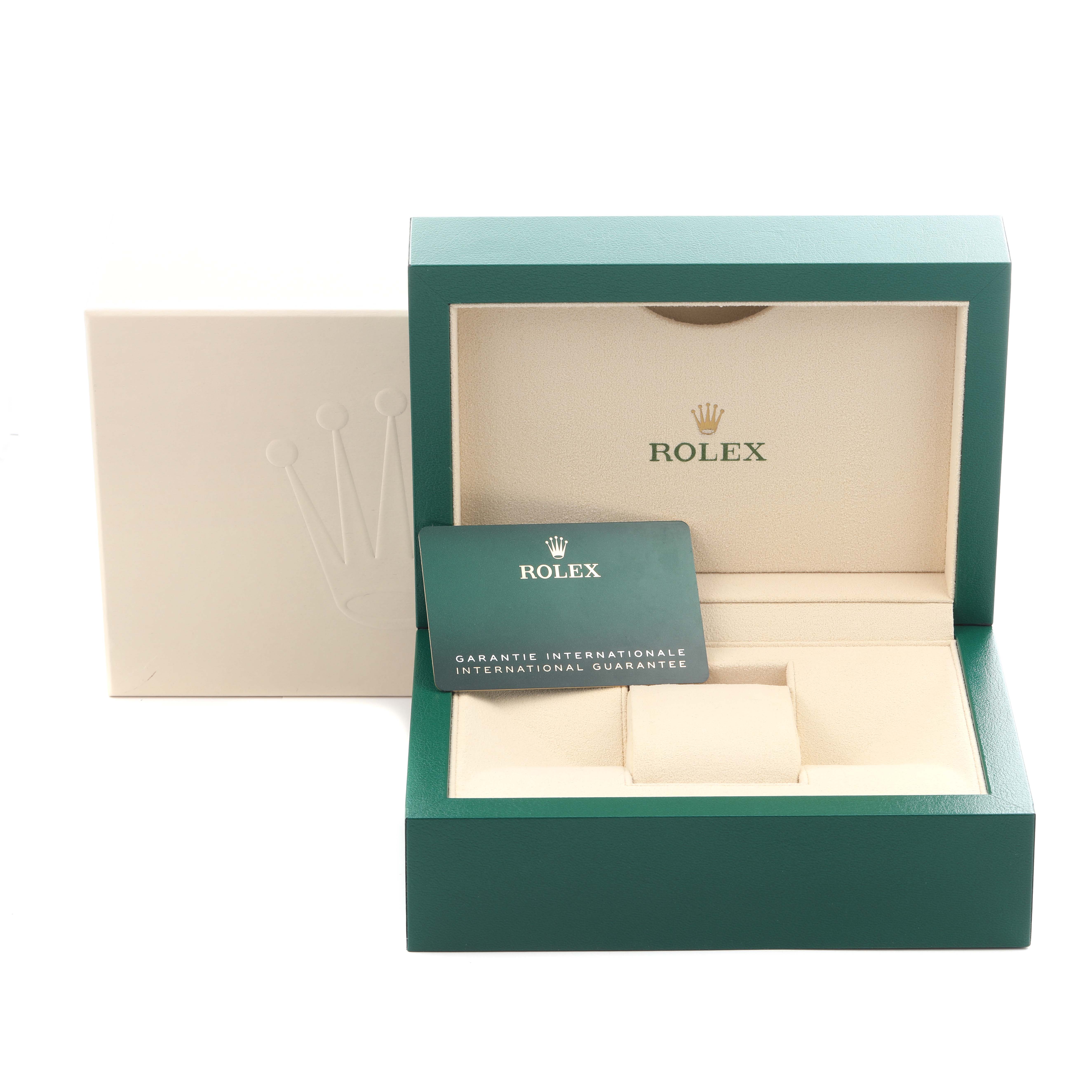 The image shows a Rolex Air-King 126900 Men's Stainless Steel Black Dial 126900 Men's Stainless Steel Black Dial watch box, guarantee card, and packaging from a front angle.