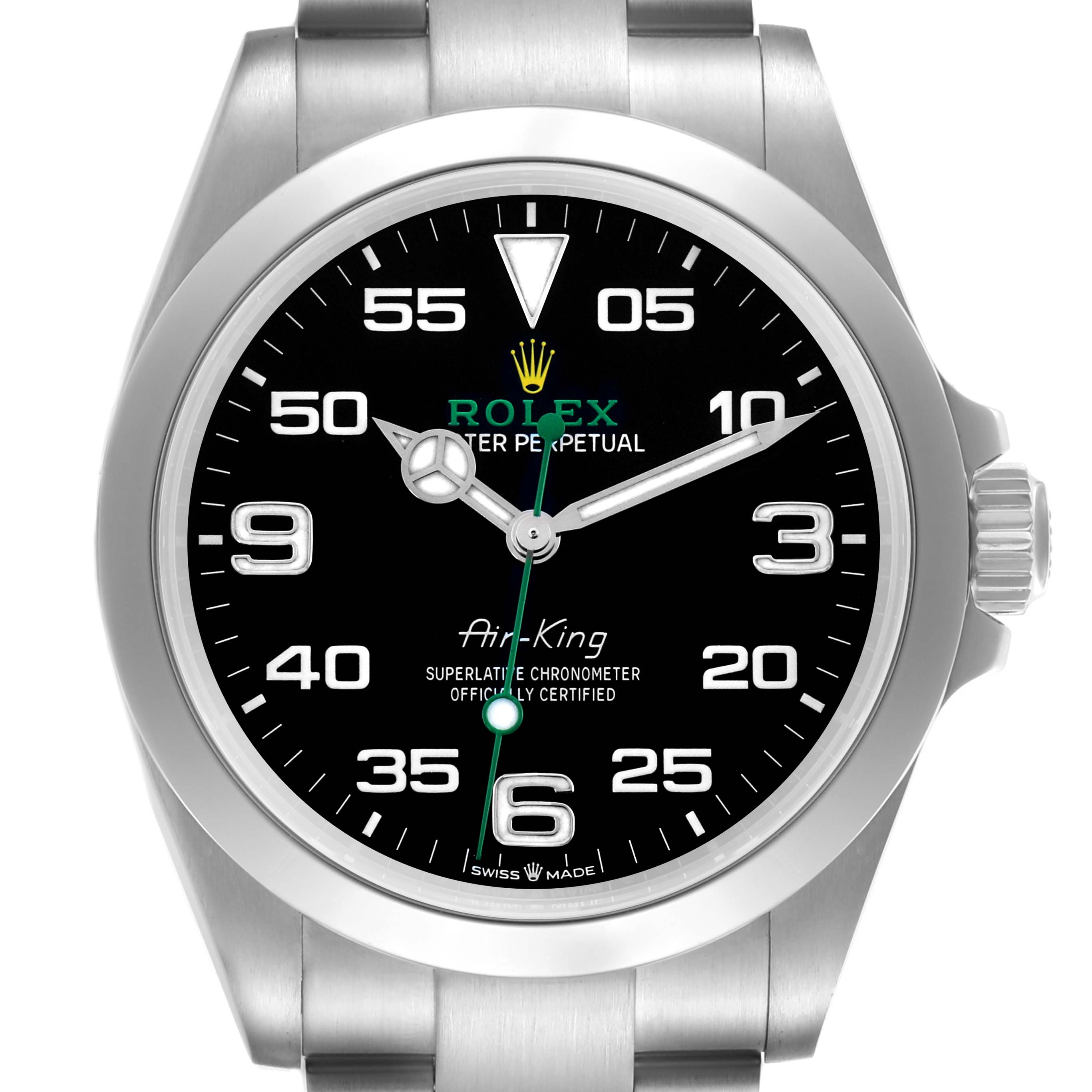The Rolex Air-King 126900 Men's Stainless Steel Black Dial 126900 Men's Stainless Steel Black Dial watch is shown in a front view, displaying the face, bezel, and partial bracelet.