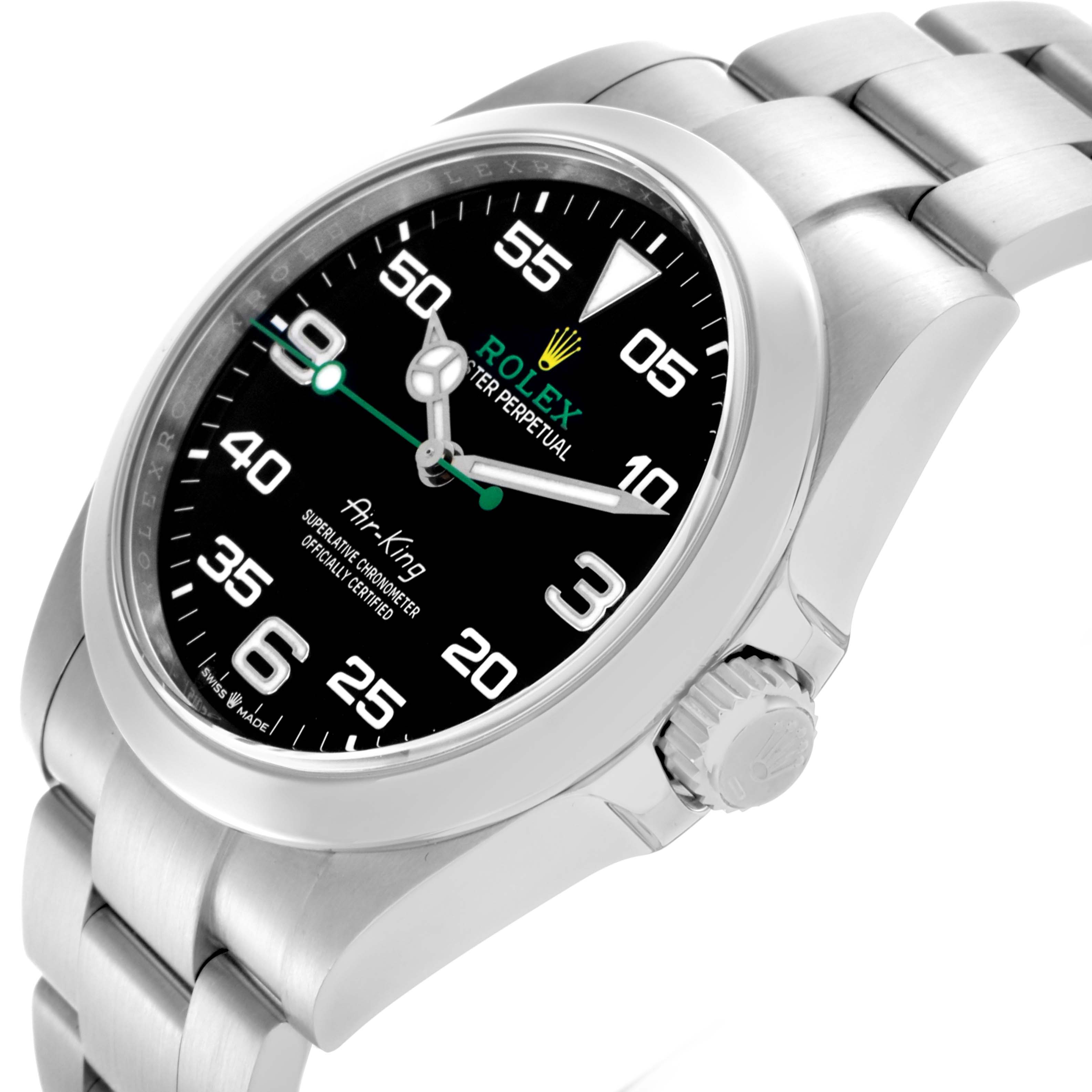 The Rolex Air-King 126900 Men's Stainless Steel Black Dial 126900 Men's Stainless Steel Black Dial watch is shown at an angle highlighting the dial, crown, and part of the bracelet.