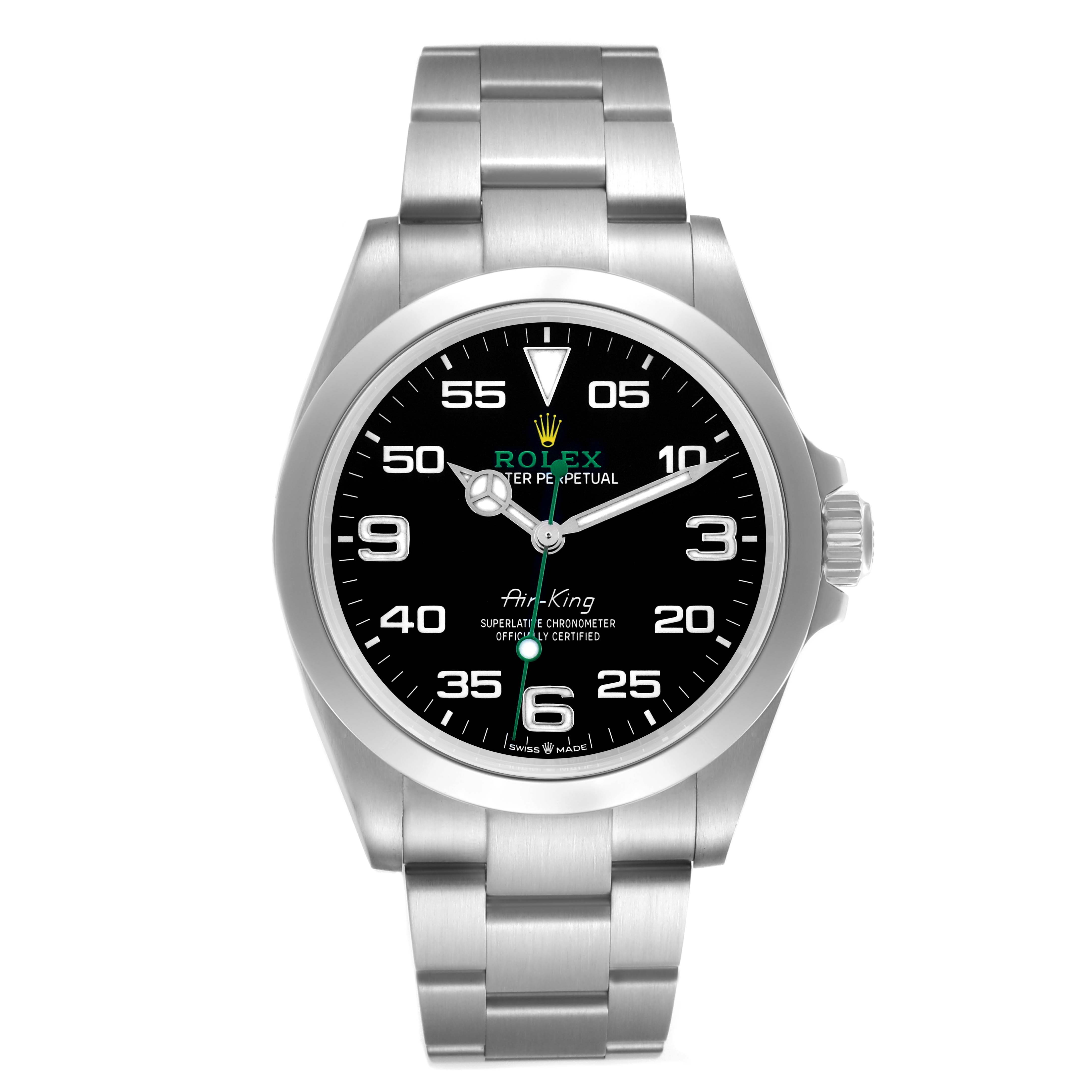 The Rolex Air-King 126900 Men's Stainless Steel Black Dial 126900 Men's Stainless Steel Black Dial watch is shown from a front angle, displaying the dial, bezel, bracelet, and crown.