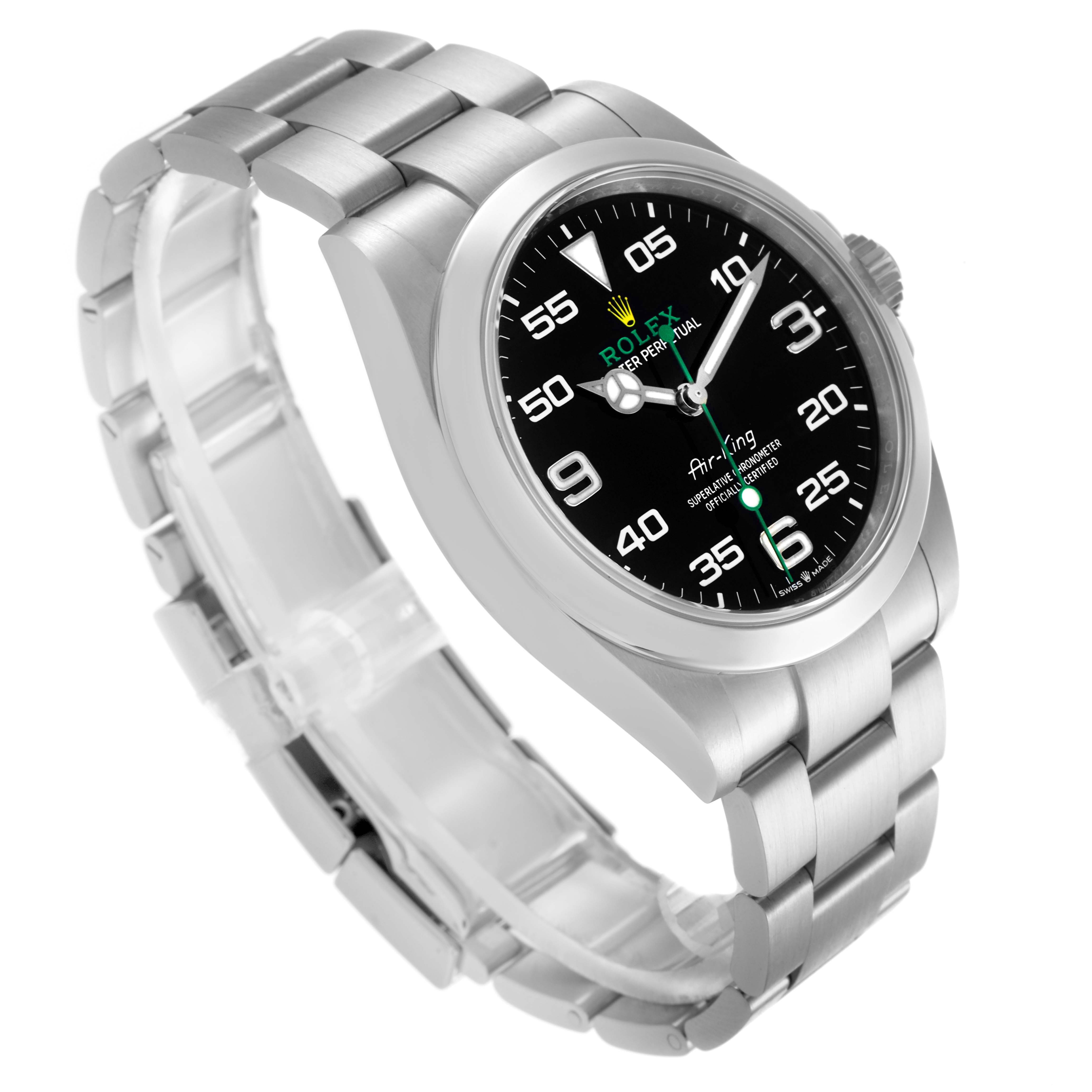 The Rolex Air-King 126900 Men's Stainless Steel Black Dial 126900 Men's Stainless Steel Black Dial watch is shown at a three-quarter angle, displaying the dial, bezel, and part of the bracelet.