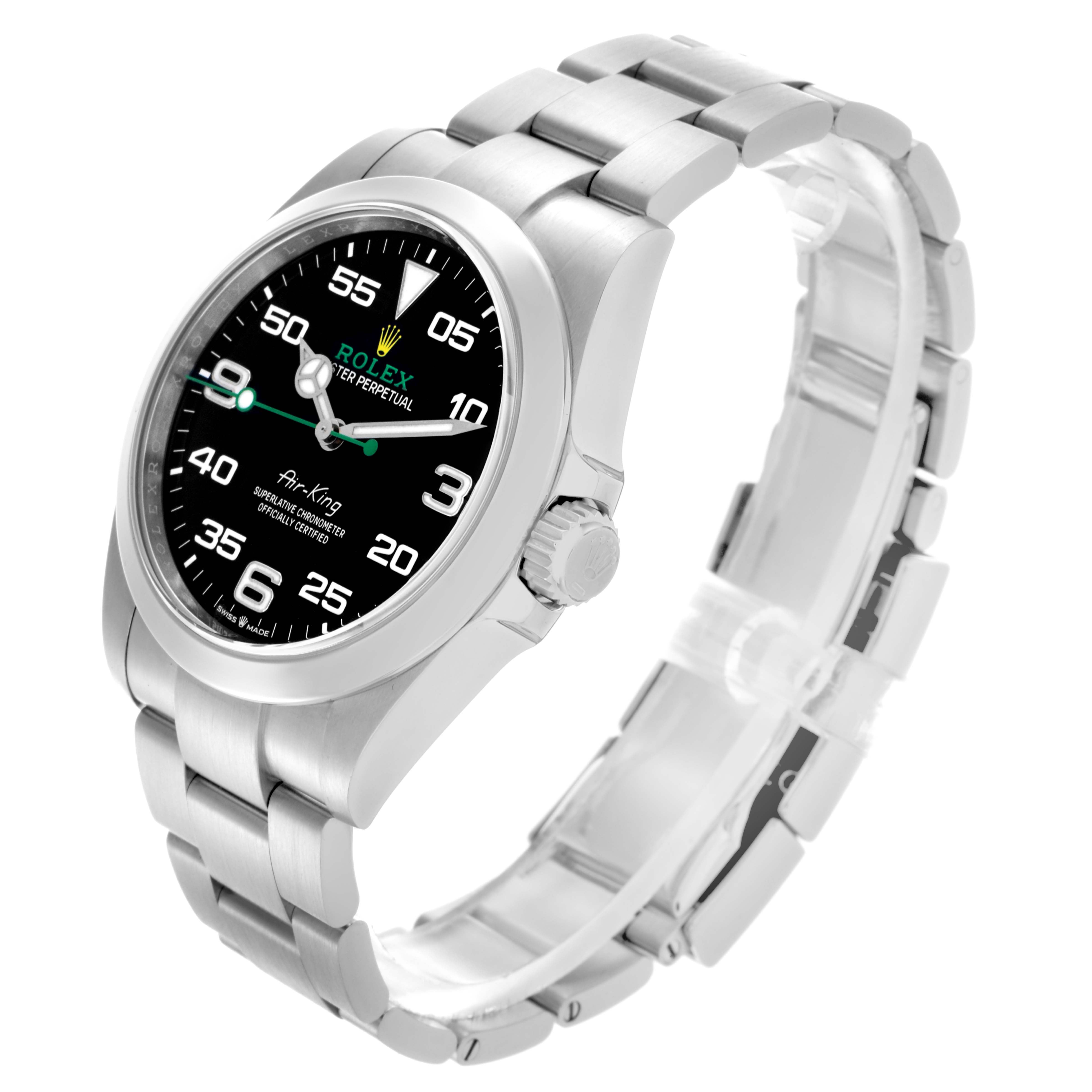 The Rolex Air-King 126900 Men's Stainless Steel Black Dial 126900 Men's Stainless Steel Black Dial watch is shown at a slight angle, displaying the face, crown, and bracelet.