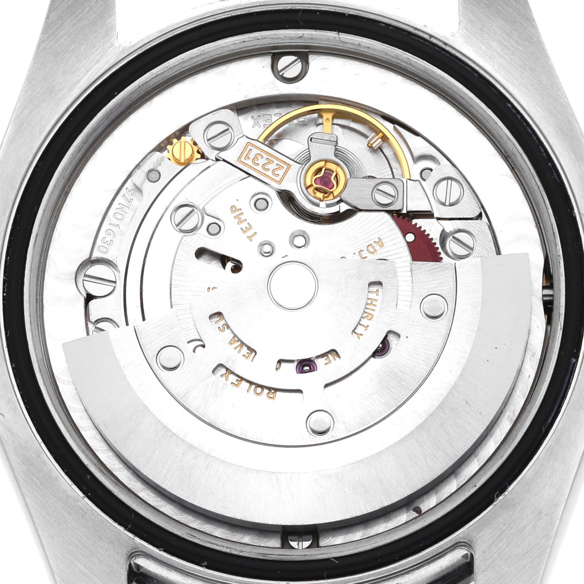 The image shows the internal mechanism of a Rolex Mid-Size 177200 Women
s Stainless Steel White Dial 177200 Women
s Stainless Steel White Dial watch, specifically the movement and rotor parts.