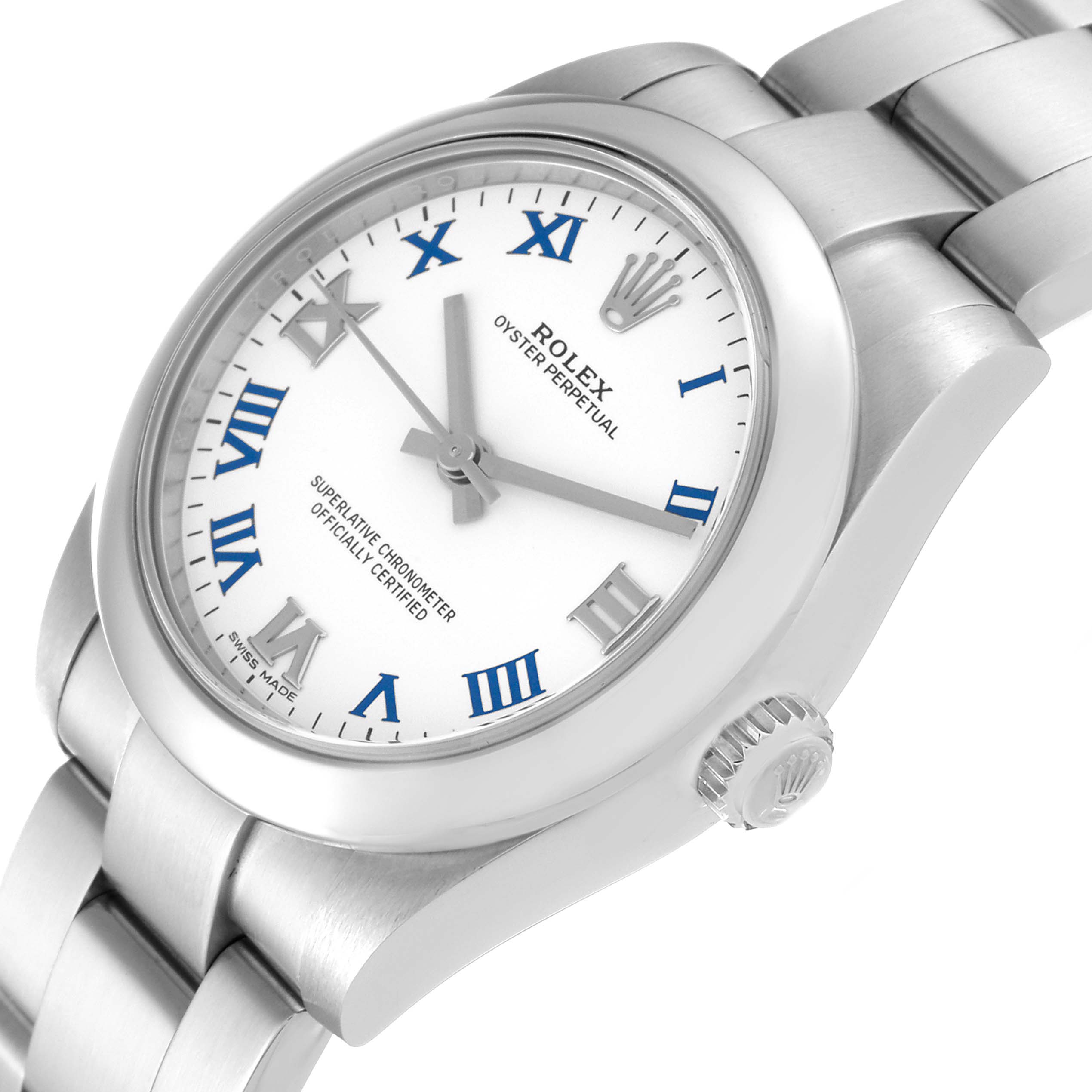 The image shows a close-up, angled view of the case, face, and bracelet of a Rolex Mid-Size 177200 Women
s Stainless Steel White Dial 177200 Women
s Stainless Steel White Dial Oyster Perpetual watch.
