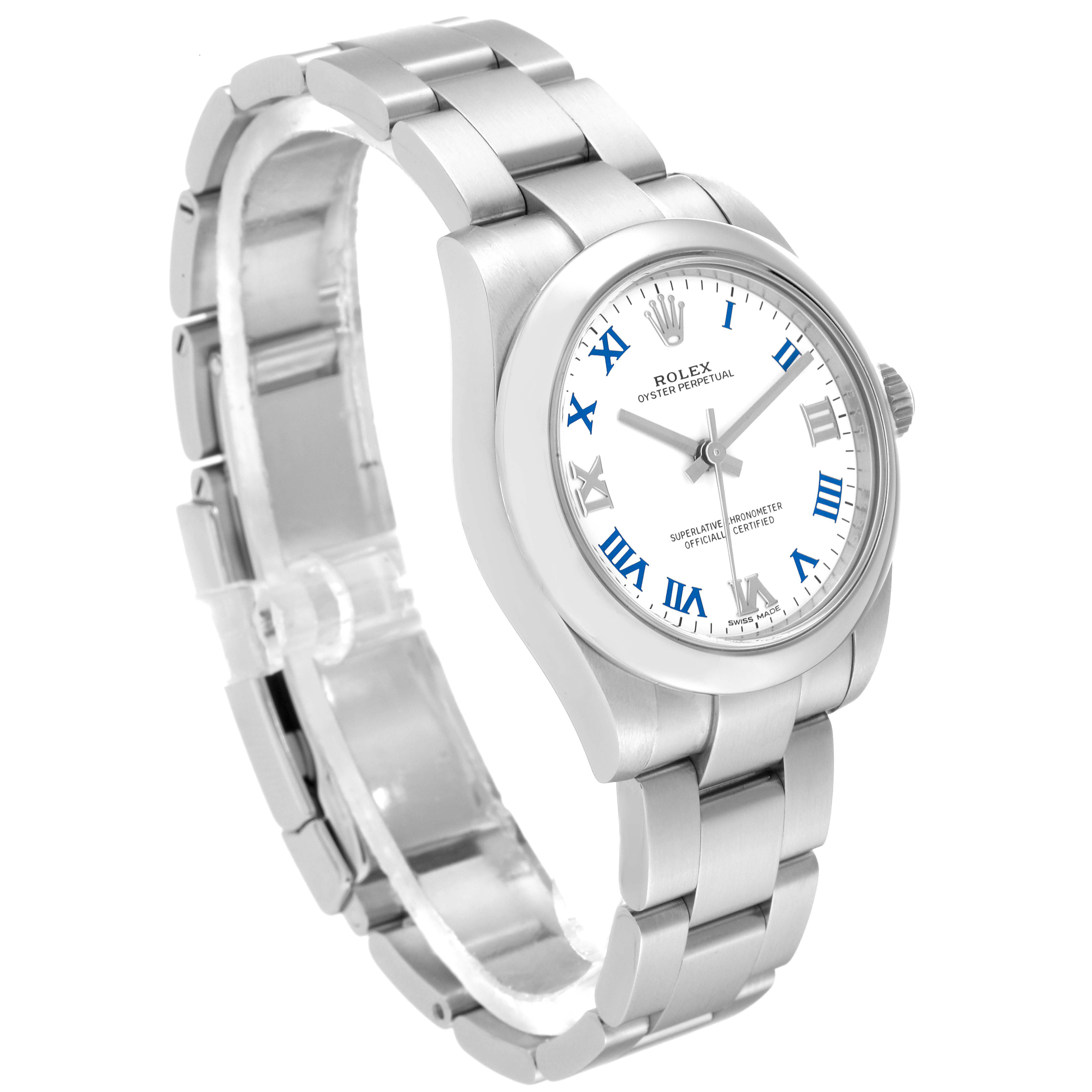 This image shows a side angle of the Rolex Mid-Size 177200 Women
s Stainless Steel White Dial 177200 Women
s Stainless Steel White Dial Oyster Perpetual watch, showcasing the dial, case, and bracelet.