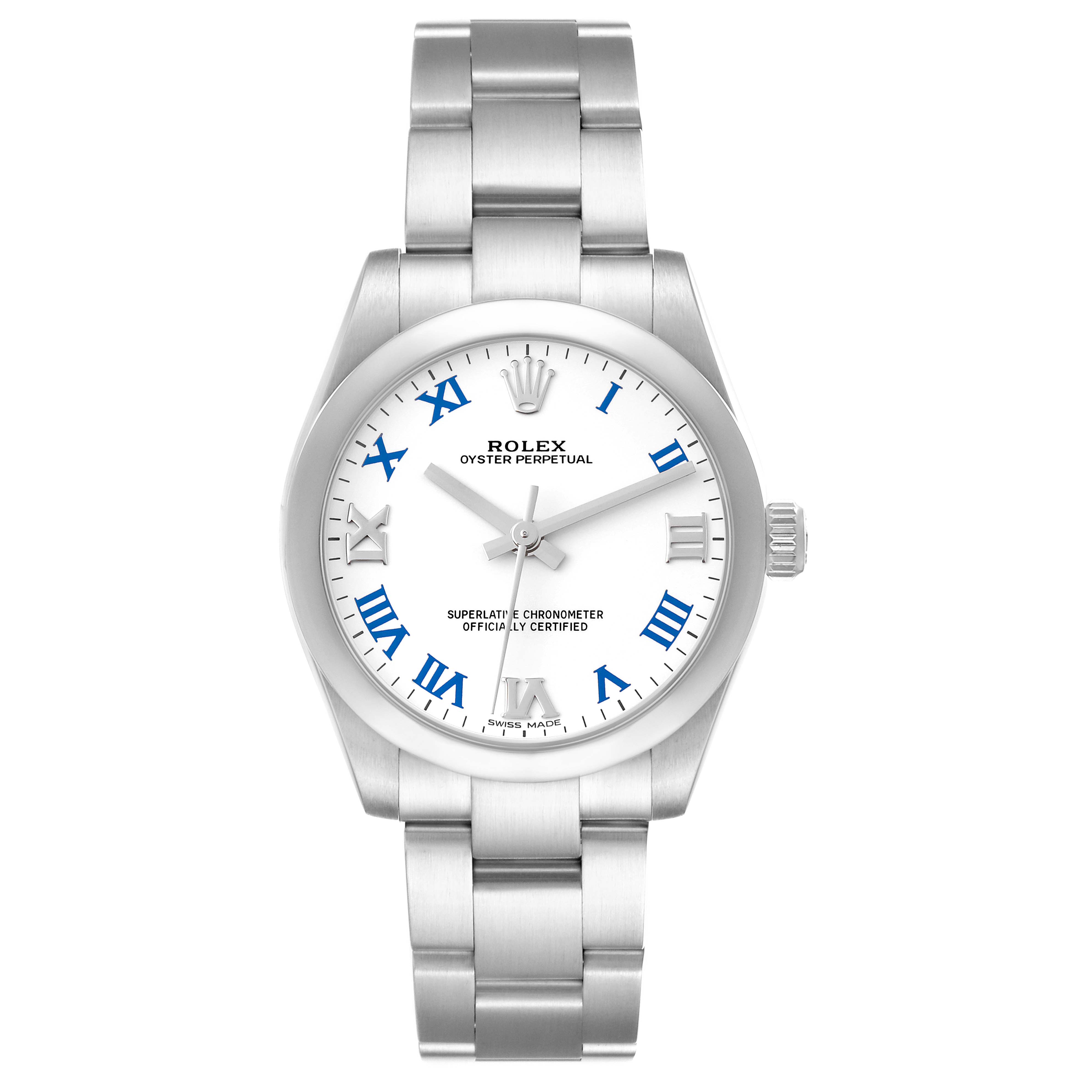 This image shows a front view of a Rolex Oyster Perpetual Mid-Size watch, focusing on the face and band.