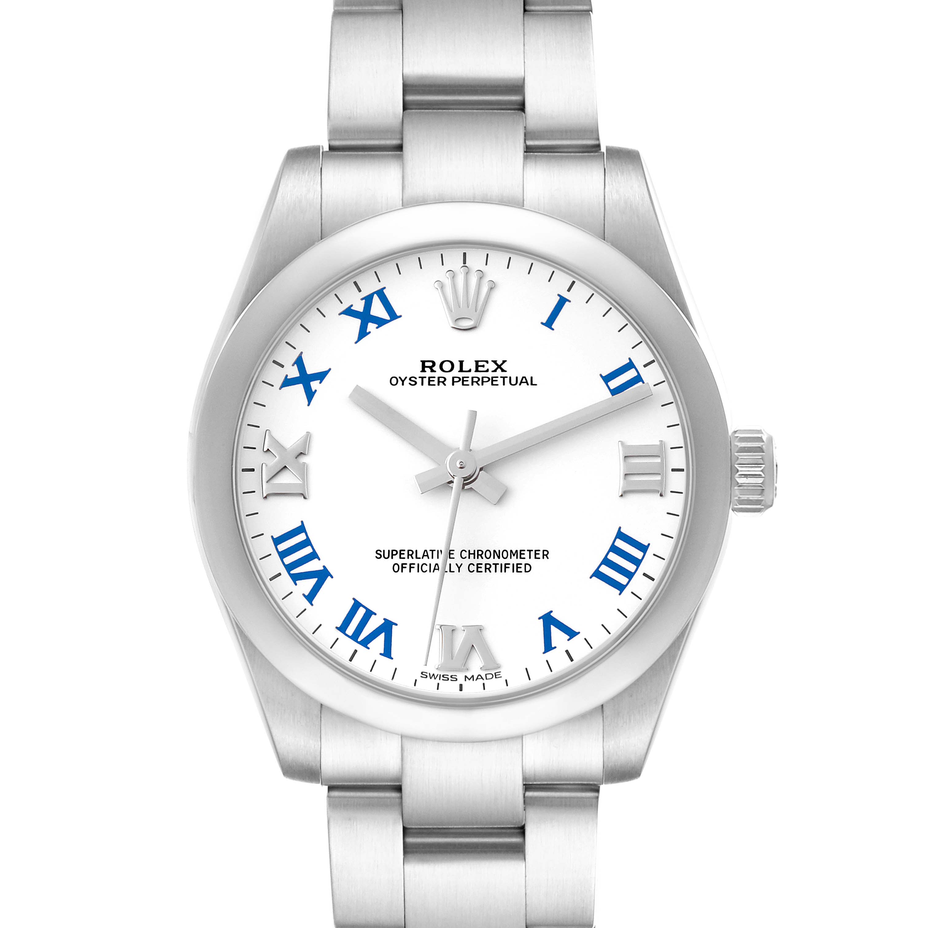 This image shows a front view of a Rolex Mid-Size 177200 Women
s Stainless Steel White Dial 177200 Women
s Stainless Steel White Dial Oyster Perpetual watch with a white dial and blue Roman numeral markers.