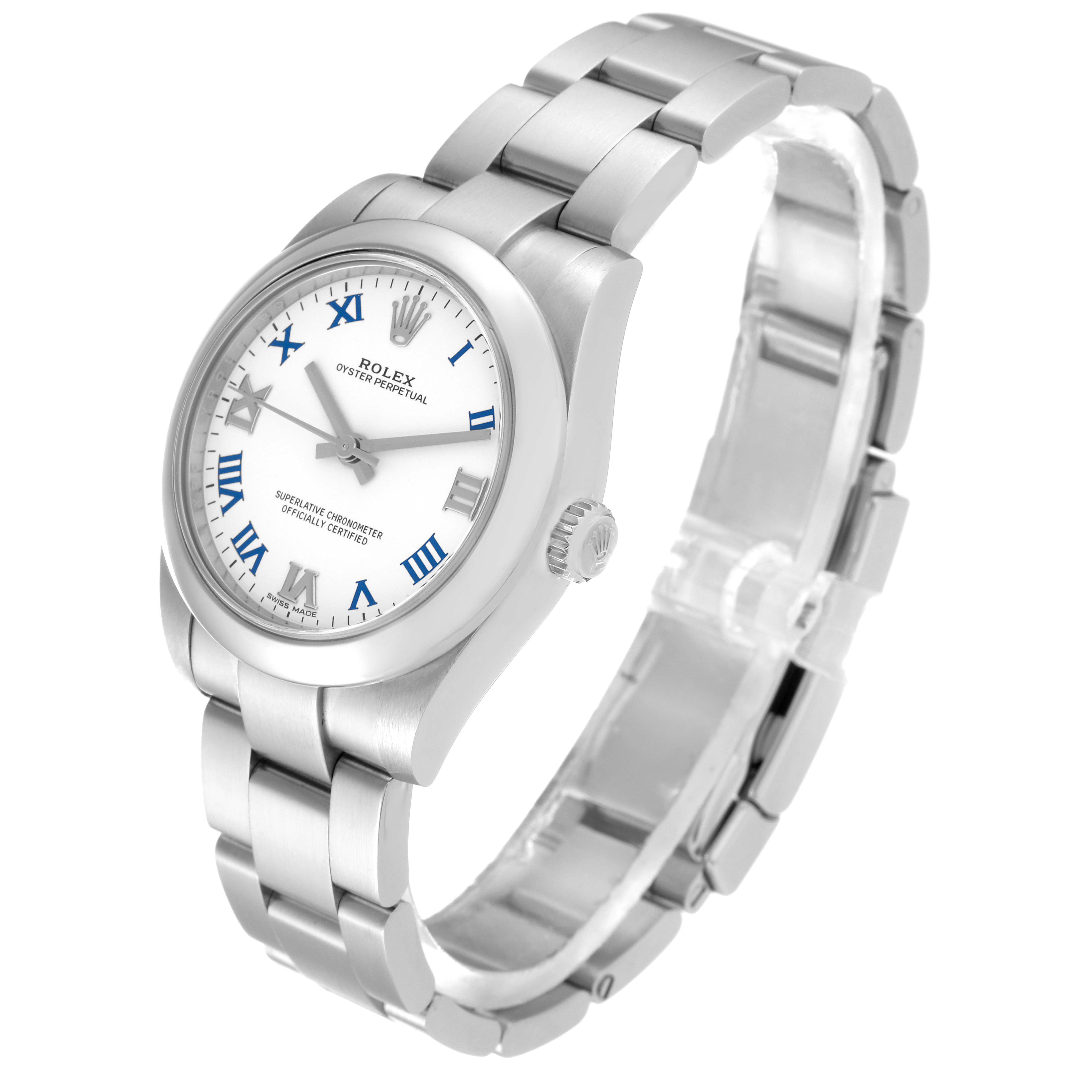 This Rolex Mid-Size 177200 Women
s Stainless Steel White Dial 177200 Women
s Stainless Steel White Dial watch is shown at a three-quarter angle displaying the face, bracelet, and crown.