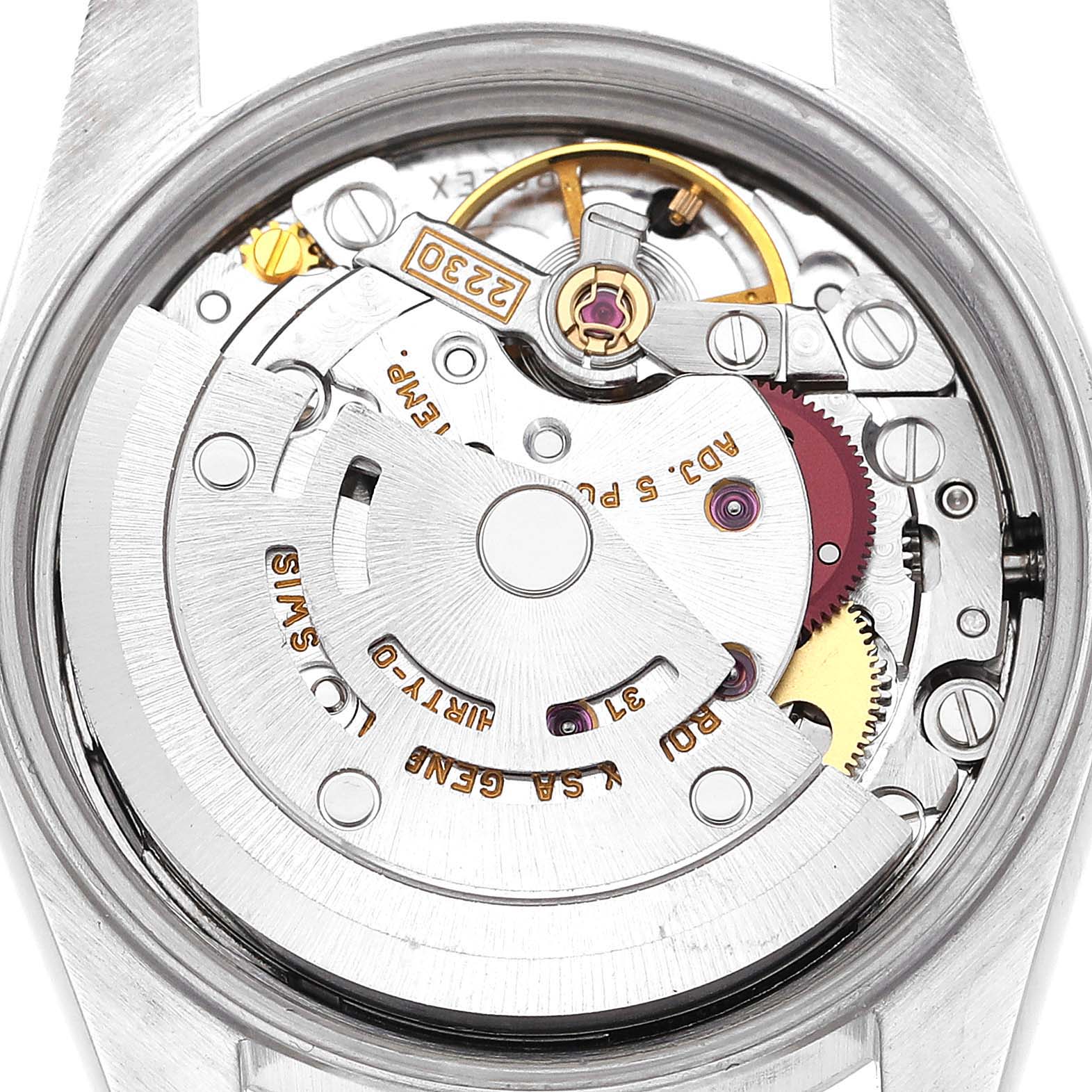 This image depicts the internal mechanism viewed from the back of a Rolex Oyster Perpetual 76080 Women's Stainless Steel Black Dial 76080 Women's Stainless Steel Black Dial watch.